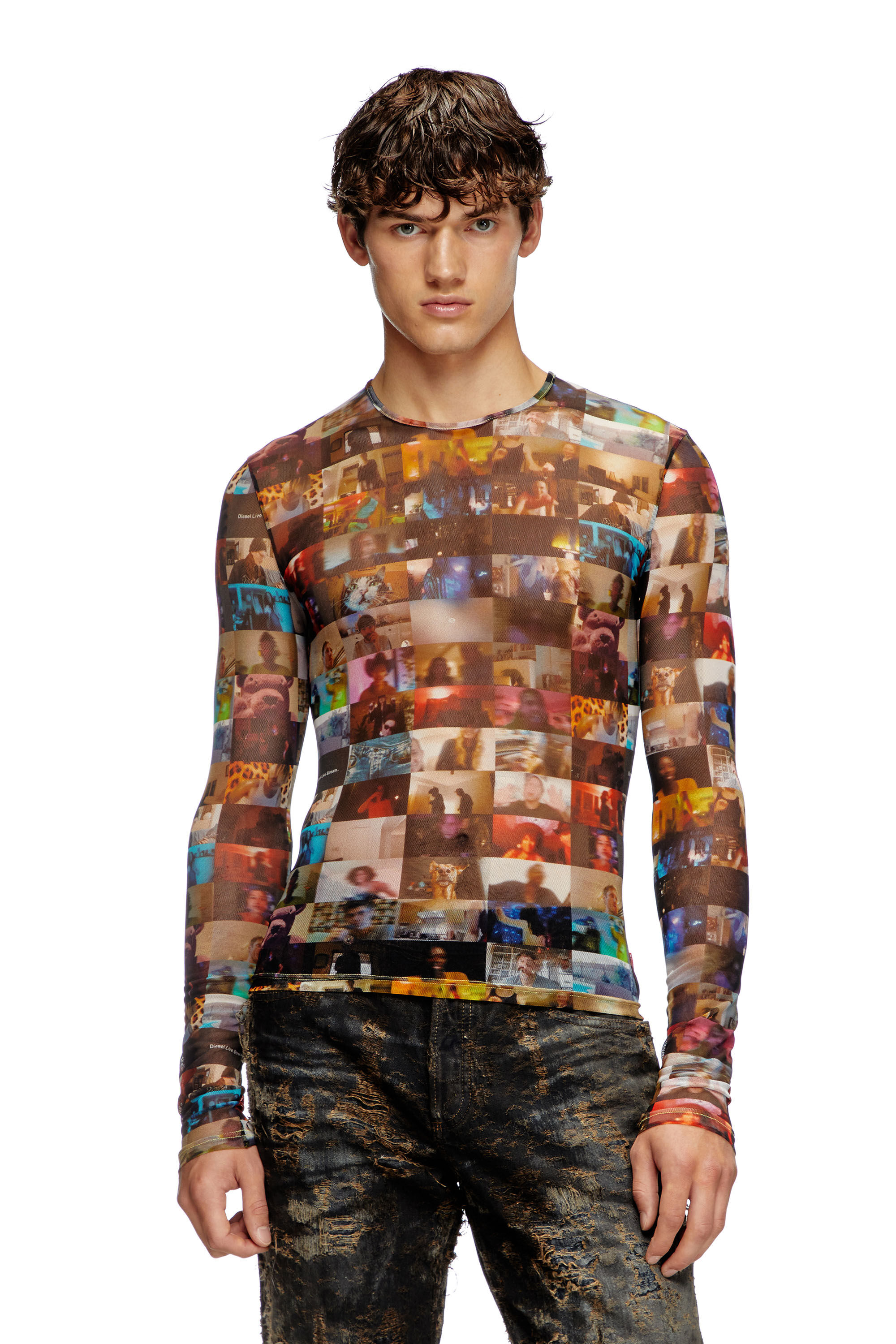 Diesel - T-LIXY, Male's Stretch tulle top with Livestream print in ブラック/ベージュ - 3