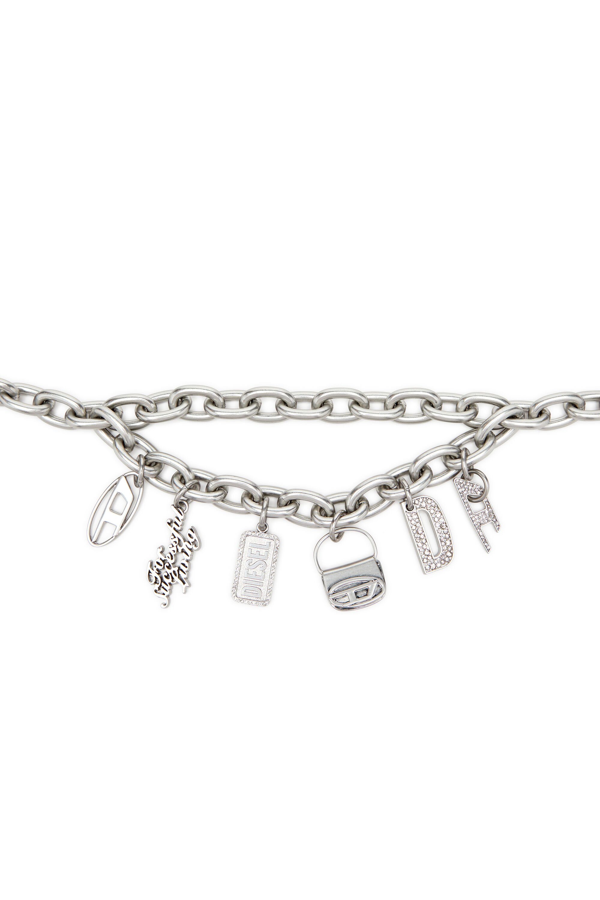 B- MULTICHARM CHAIN Chain belt with logo charms｜シルバー