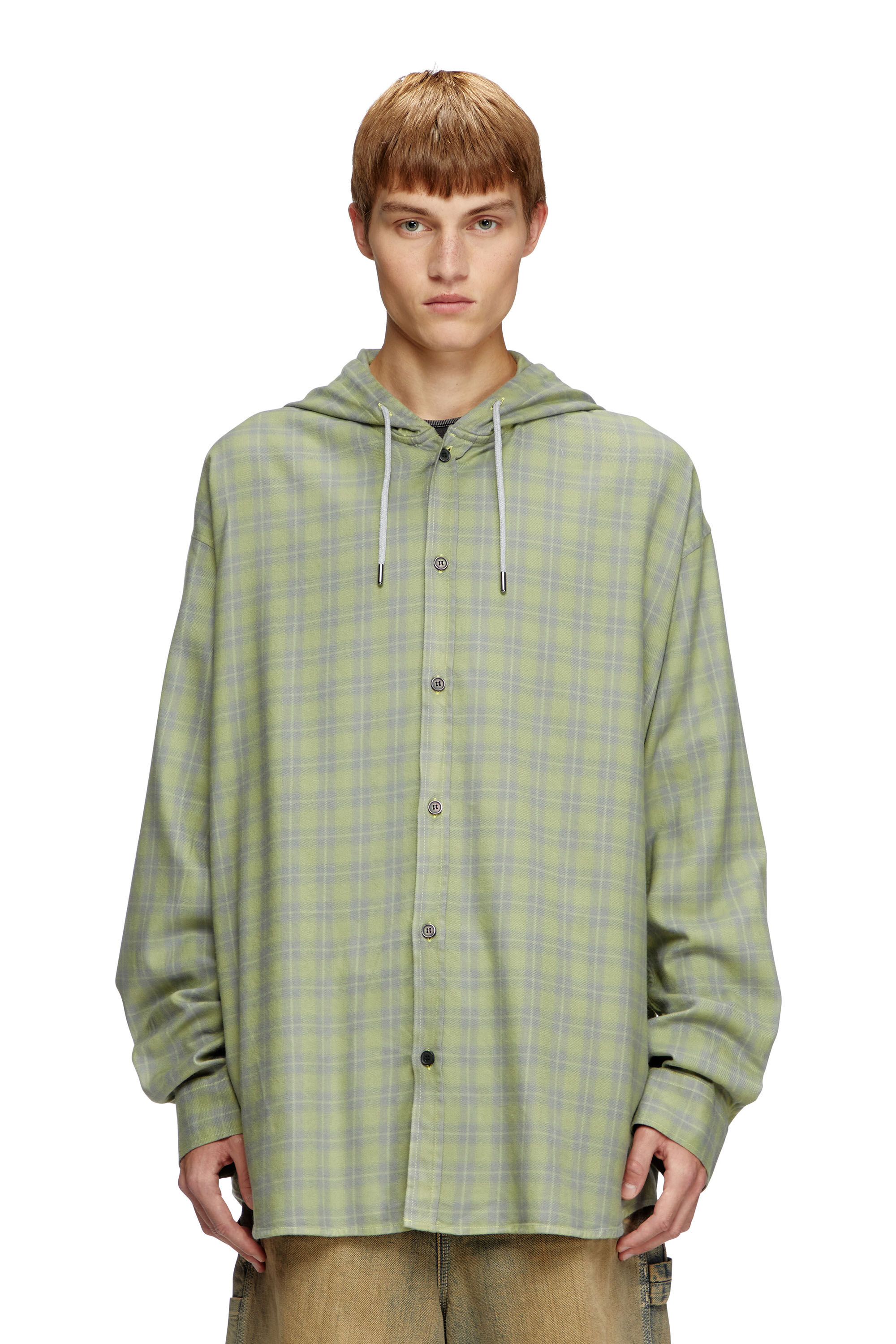 Diesel - S-DEWNY-HOOD-B, Male's Hooded shirt in check flannel in グリーン - 3