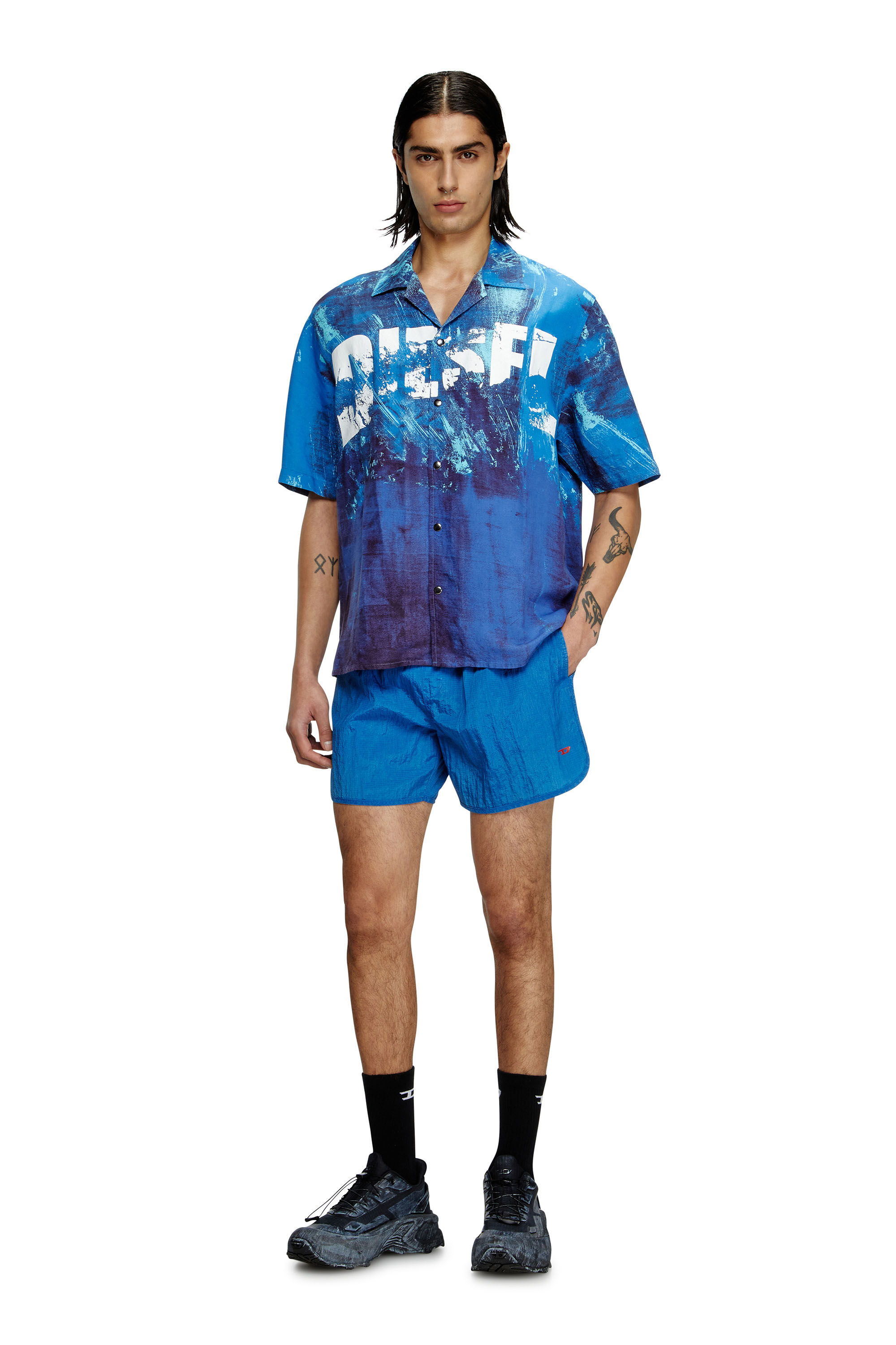 Diesel - CHARLES-D-POP, Male's Printed beach shirt in linen blend in ブルー - 2