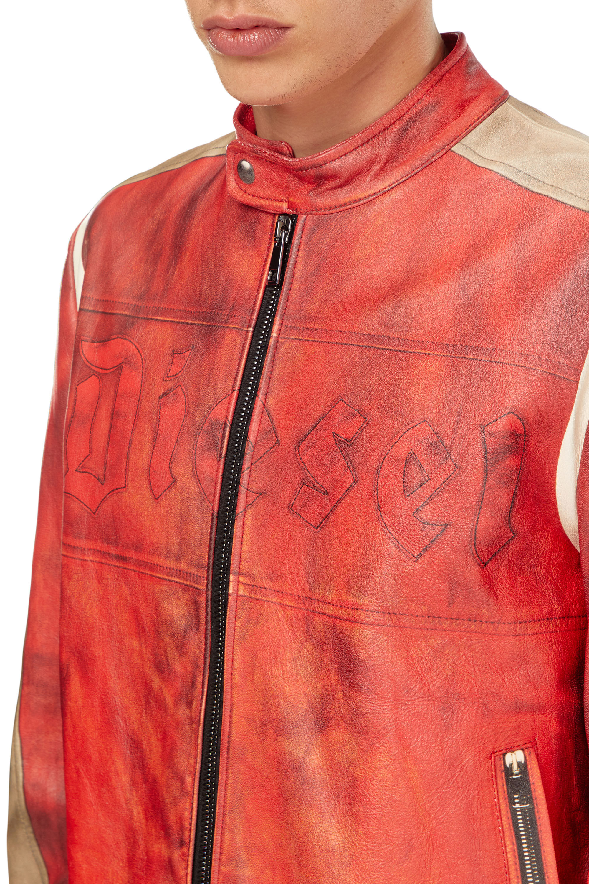 L-RUSCHA Dirty-effect leather biker jacket｜レッド｜メンズ｜DIESEL