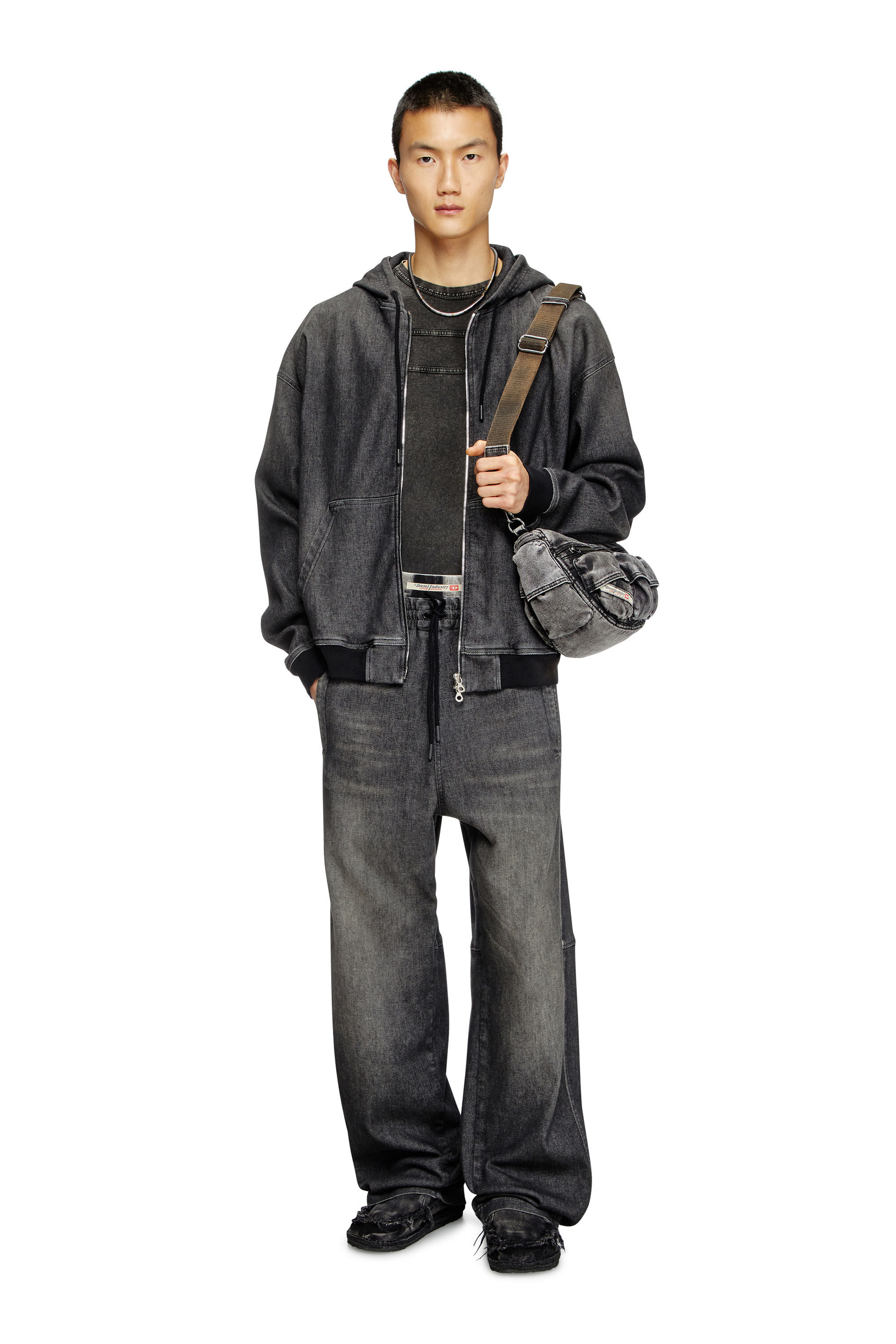 Diesel - D-GIRI-S TRACK, Unisex's Zipped hoodie in dirt-effect Track Denim in ブラック - 1