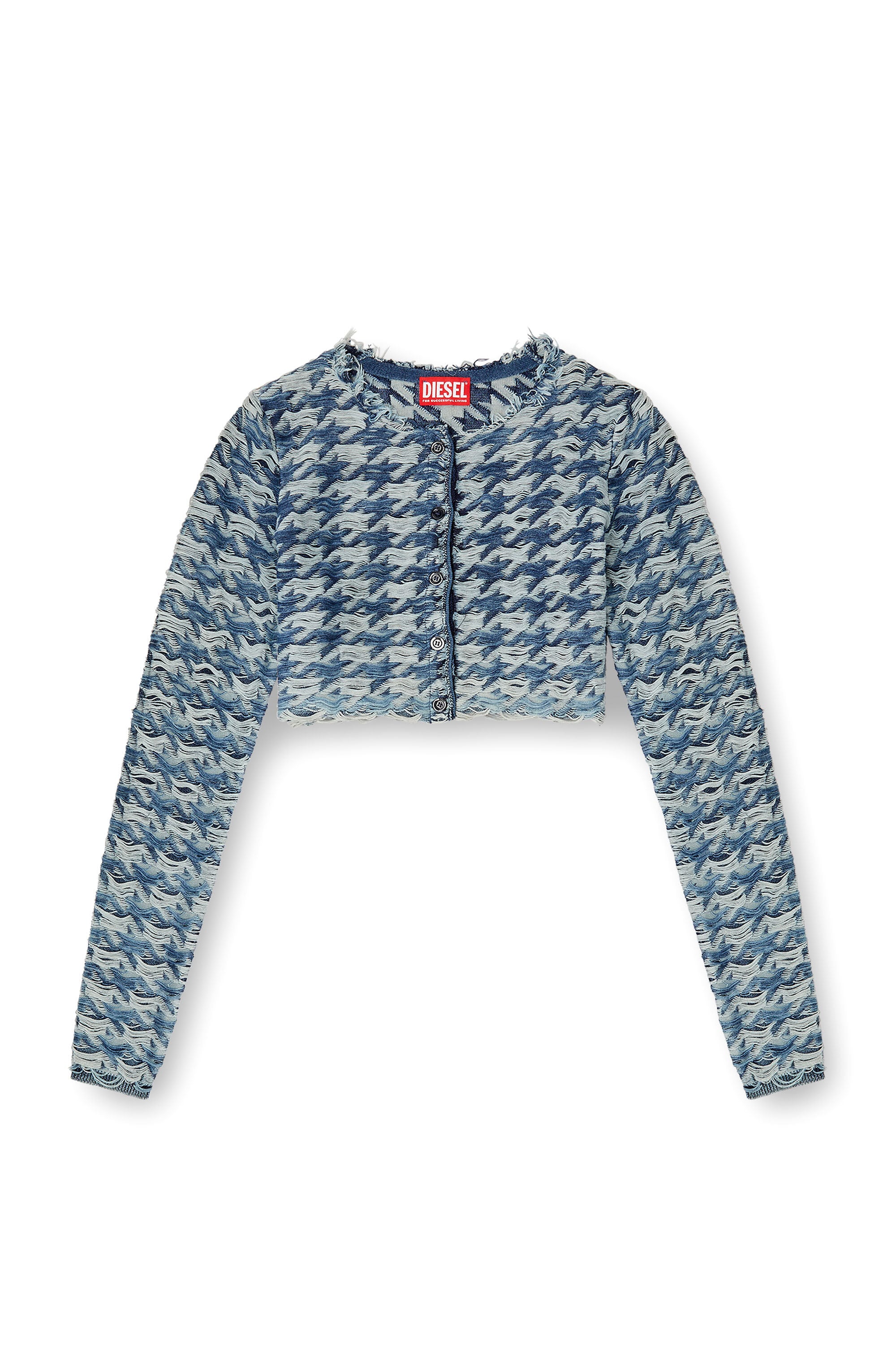 M-HELLA Crop cardigan in denim-look houndstooth jacquard｜ブルー