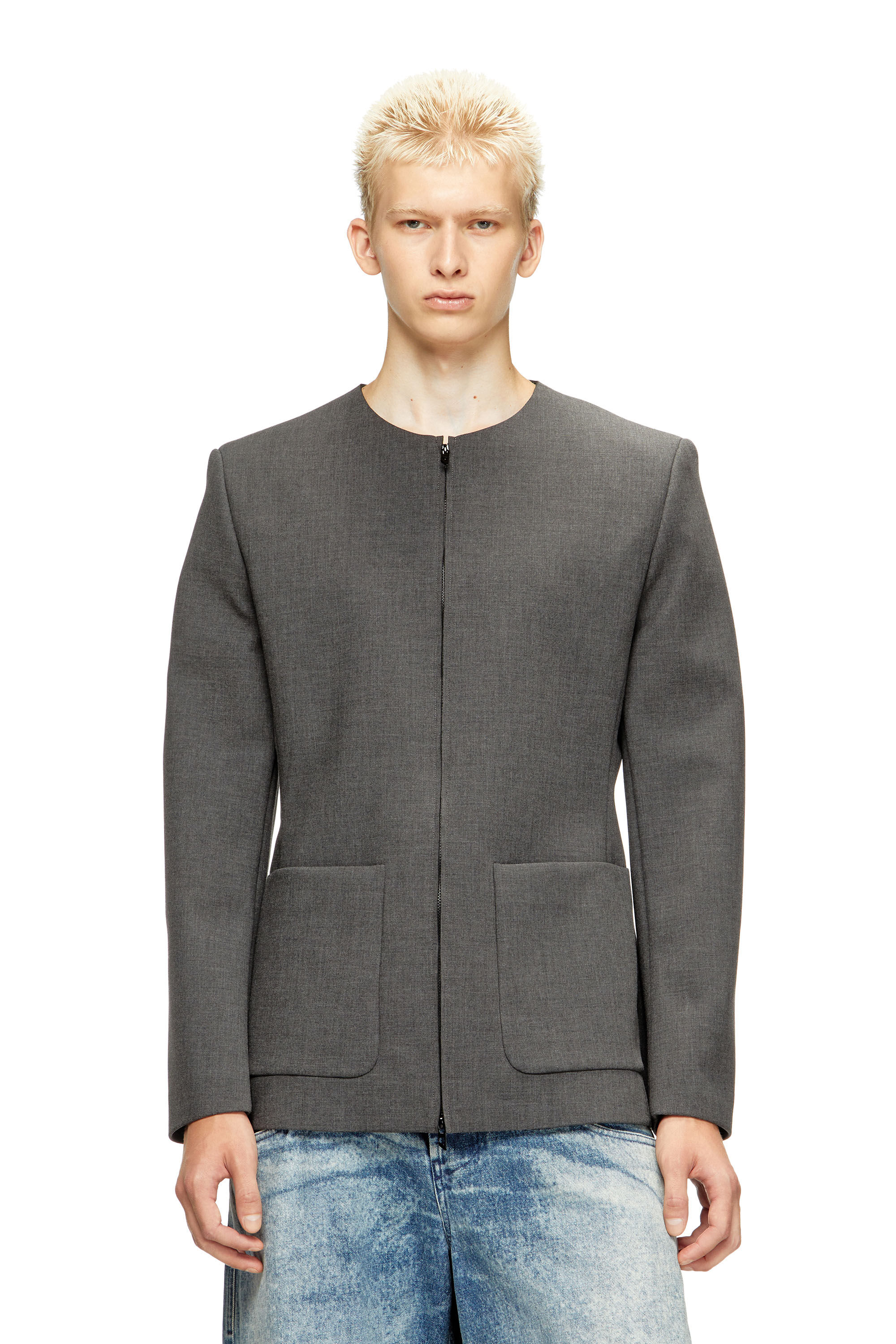 J-CESAR-NEO Collarless jacket in neoprene-bonded fabric｜グレー
