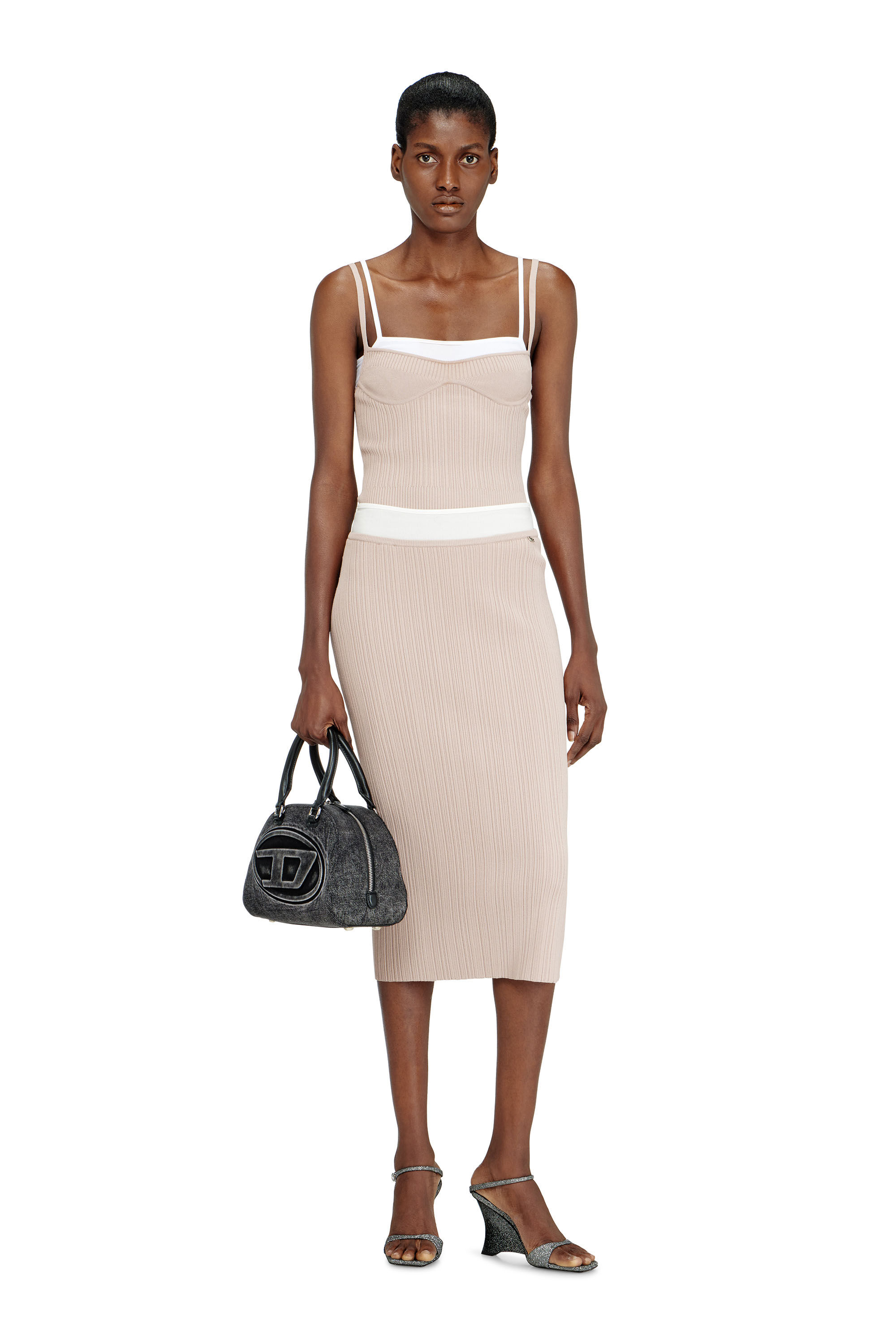 M-ZINIA Ribbed knit skirt with contrast waistband｜ピンク