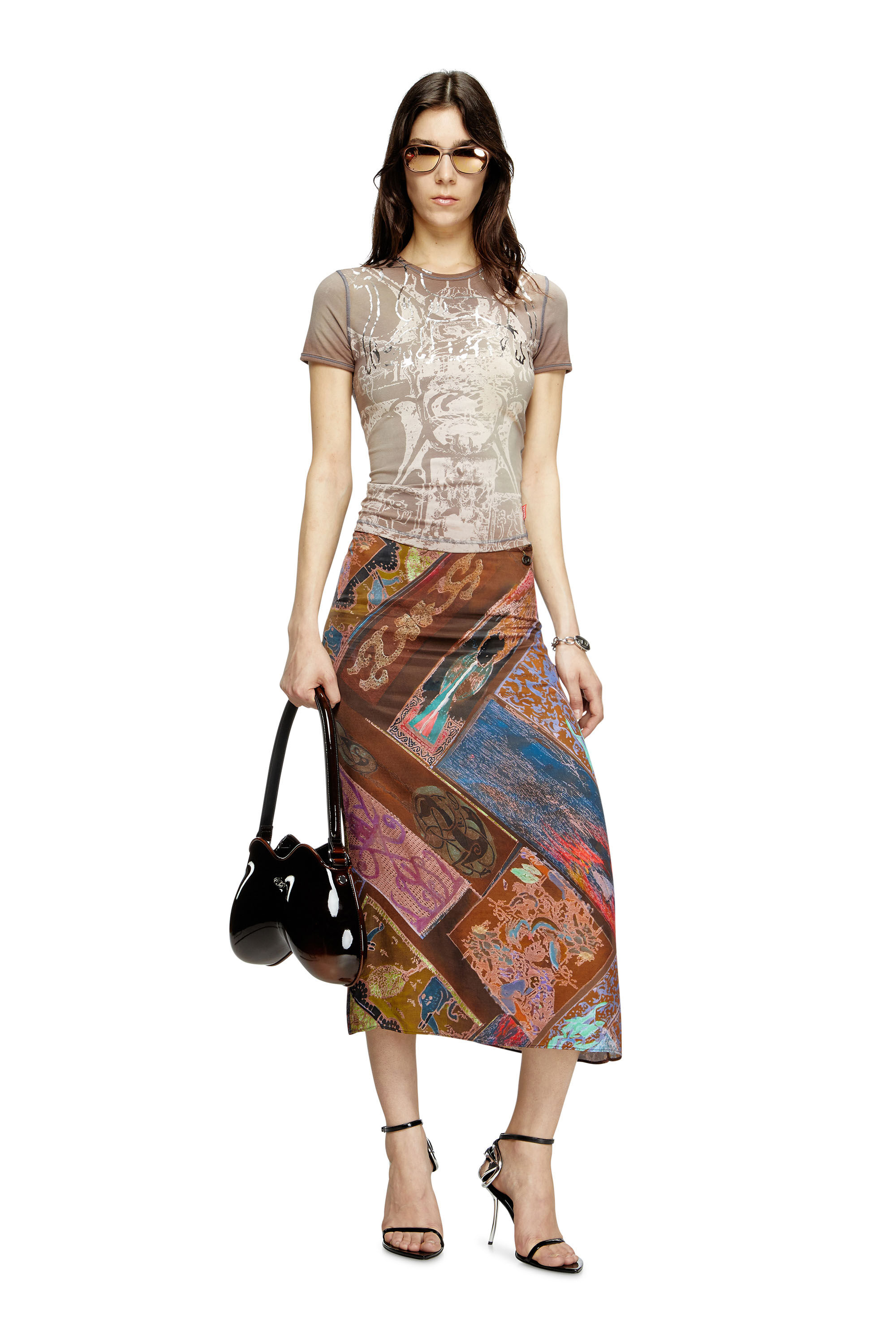 Diesel - T-UNCUTIES-LONG-R6, Female's T-shirt with foil print in ライトブラウン - 1