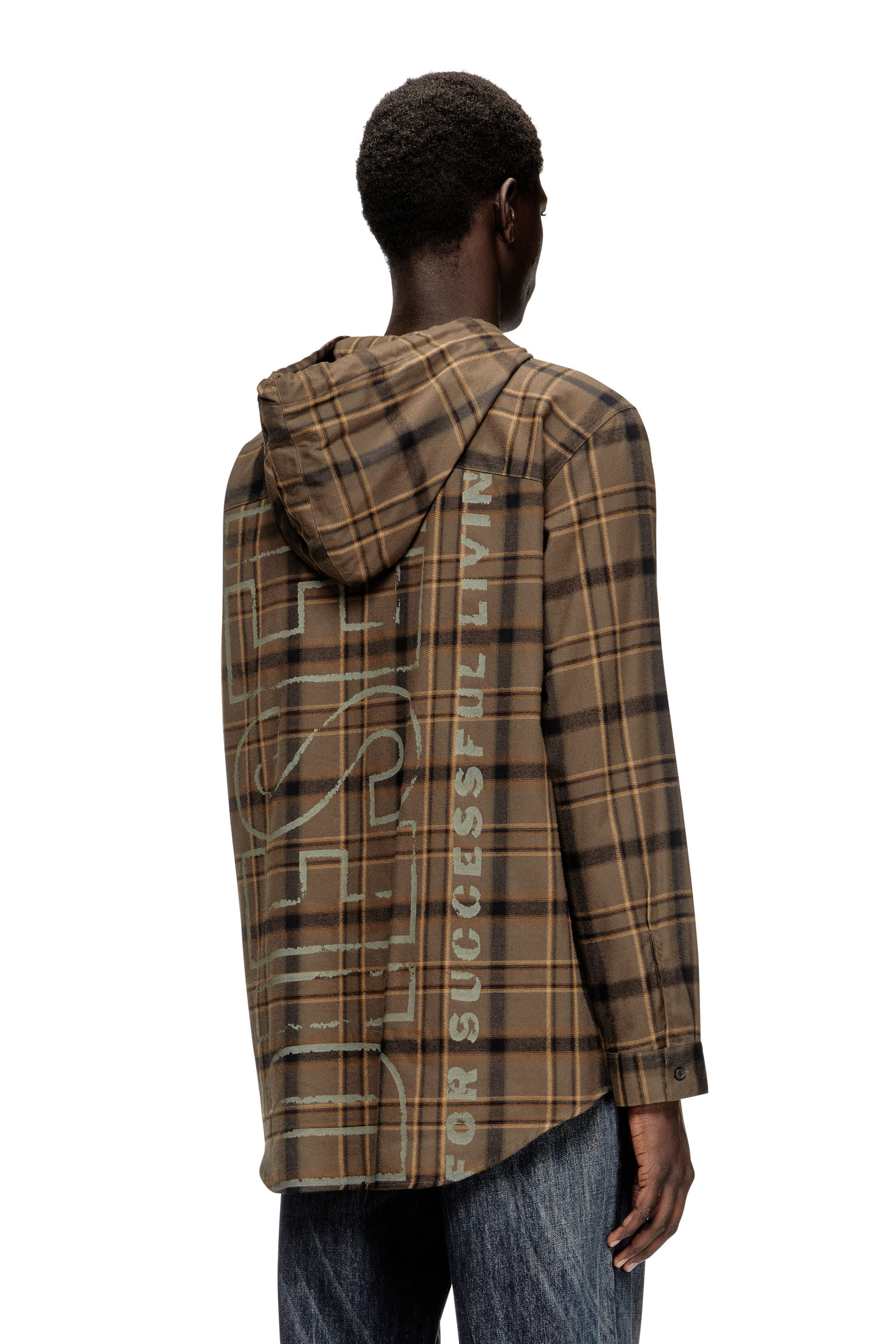 Diesel - S-IX, Male's Hooded shirt in check flannel with logo in ブラウン - 4