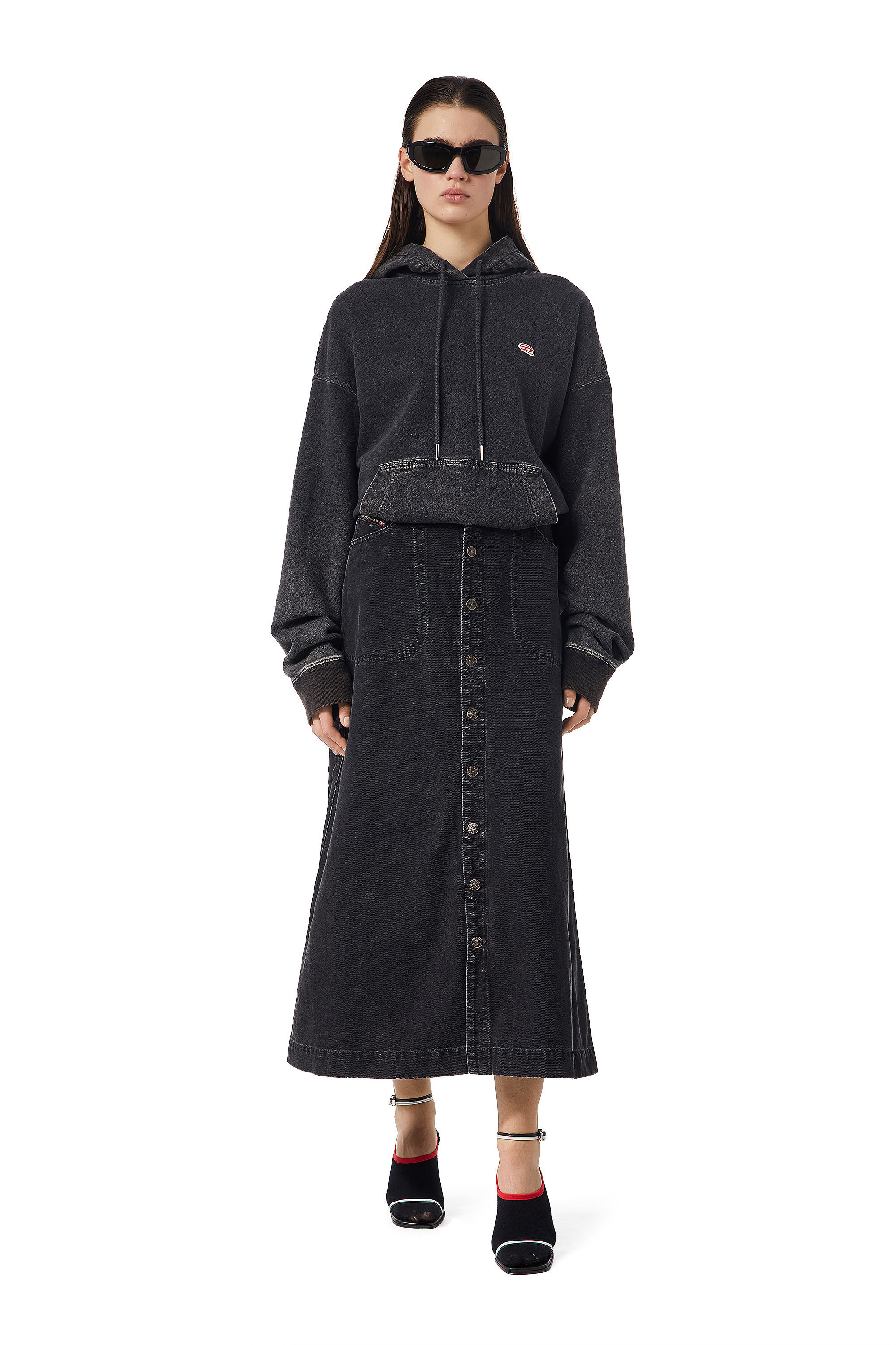 Diesel - DE-ALBUS-L A-LINE LONG SKIRT, Female's SS23  マキシ ロング スカート ブラックデニム Aライン in ブラック/ダークグレー - 1