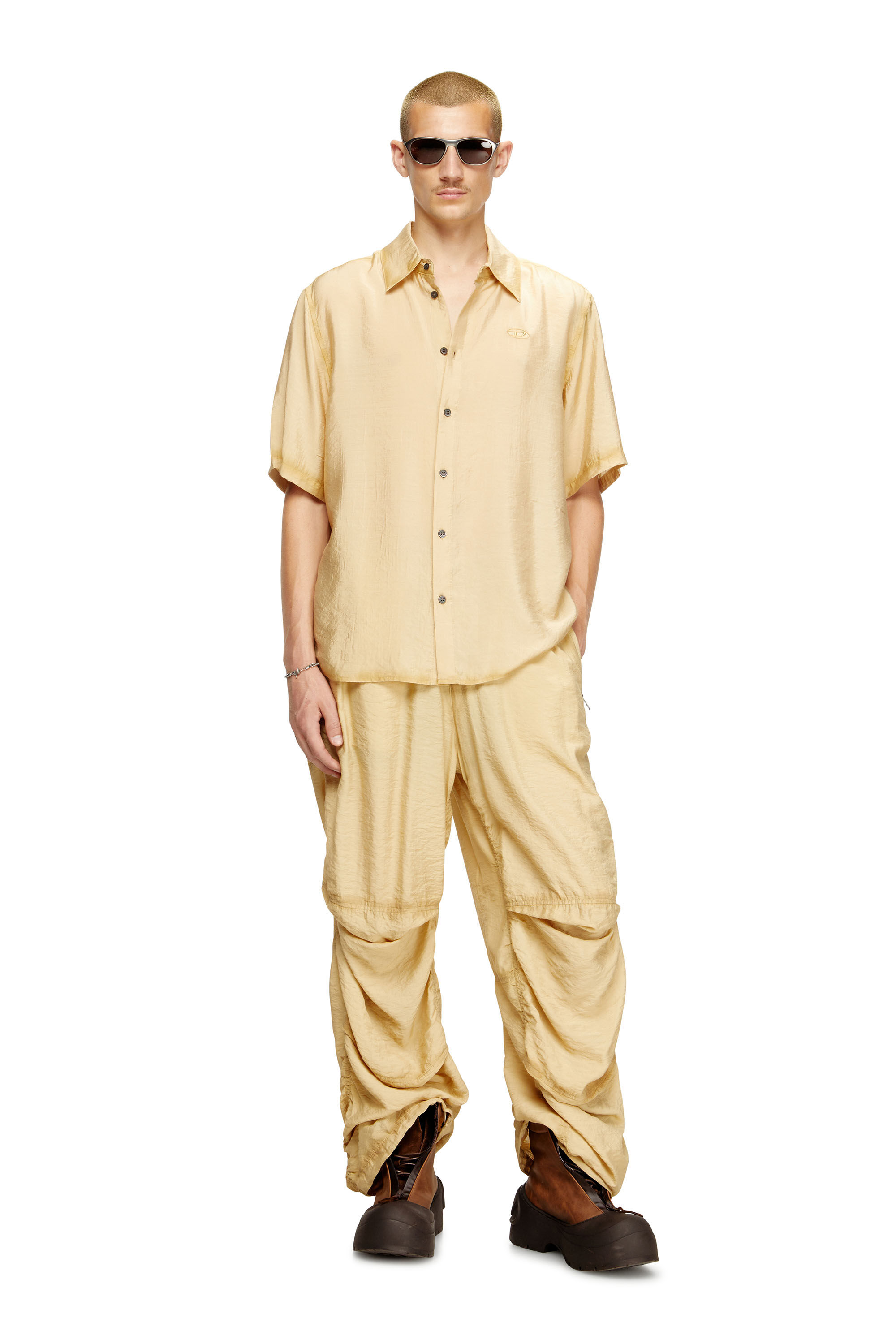 Diesel - S-SIMPLY-SS-LHBA, Male's Shirt in crinkled nylon-viscose in ライトブラウン - 1