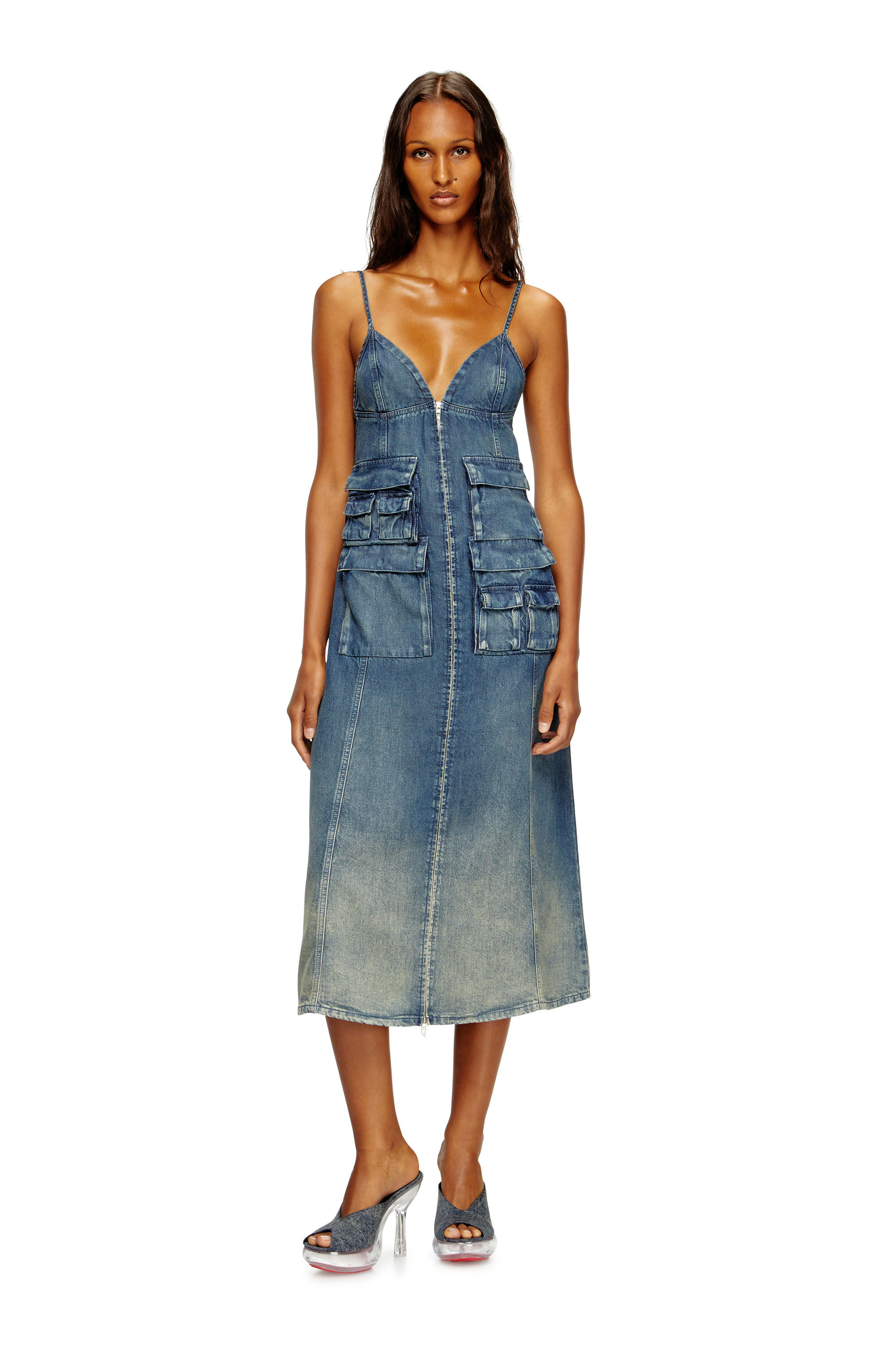 Diesel - DE-MELVI-S, Female's Dress in fluid laser-worn denim in ミディアムブルー - 3