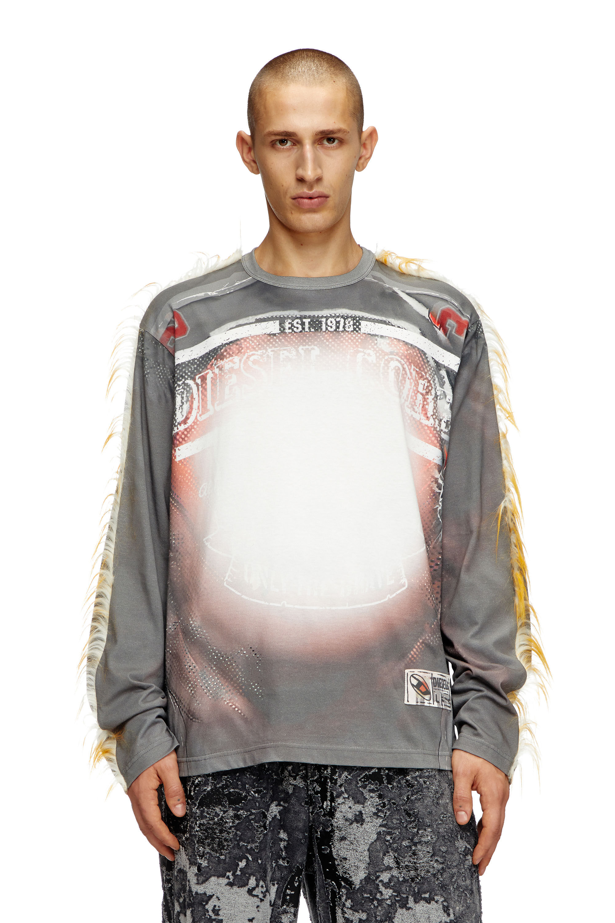 Diesel - T-CRANE-LS-FUR, Male's Long-sleeve T-shirt with  fuzzy trims in グレー - 3