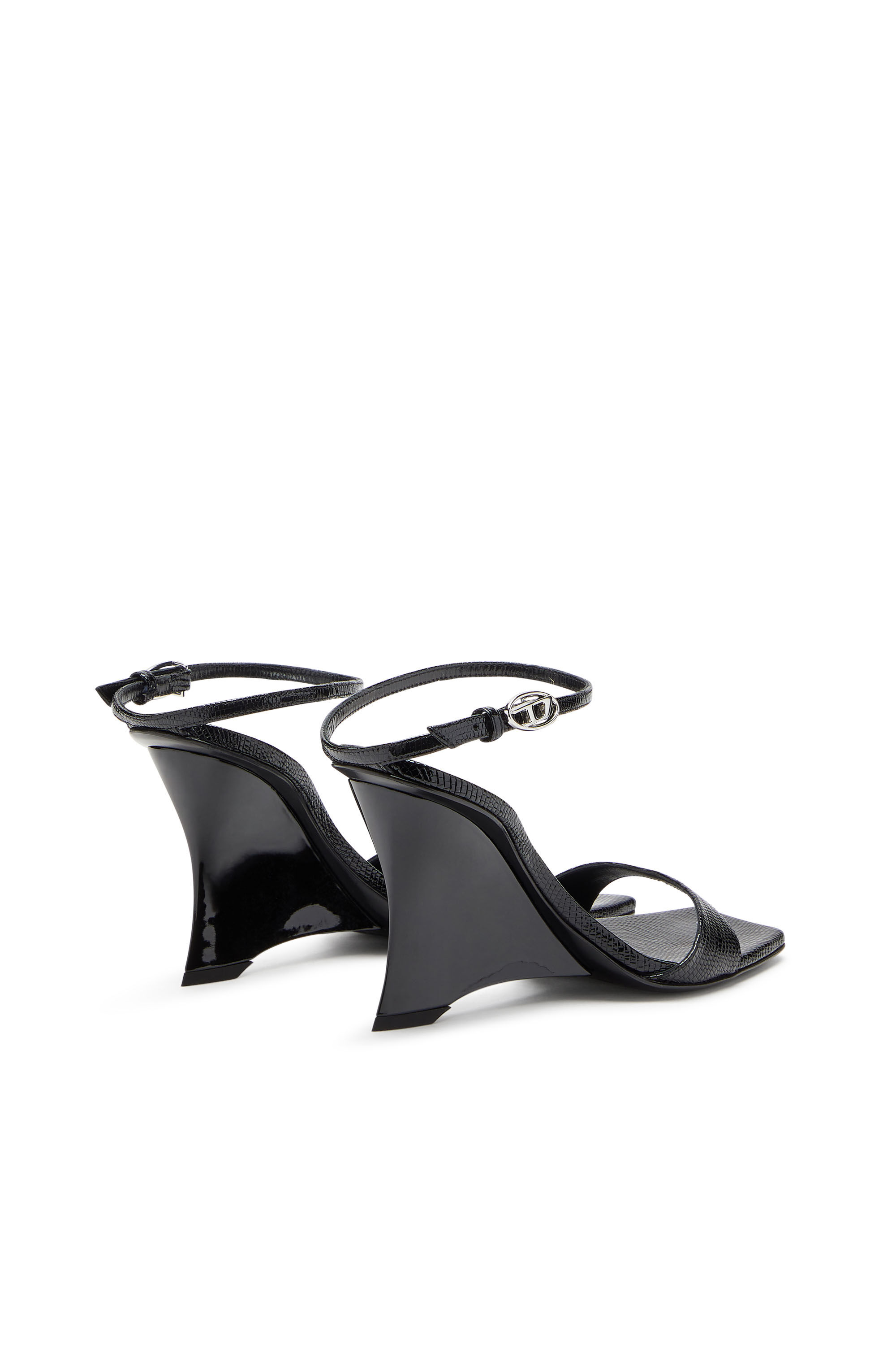 Diesel - D-AMBER SANDAL WEDGE, Female's D-Amber-Wedge sandals in lizard-effect leather in ブラック - 4
