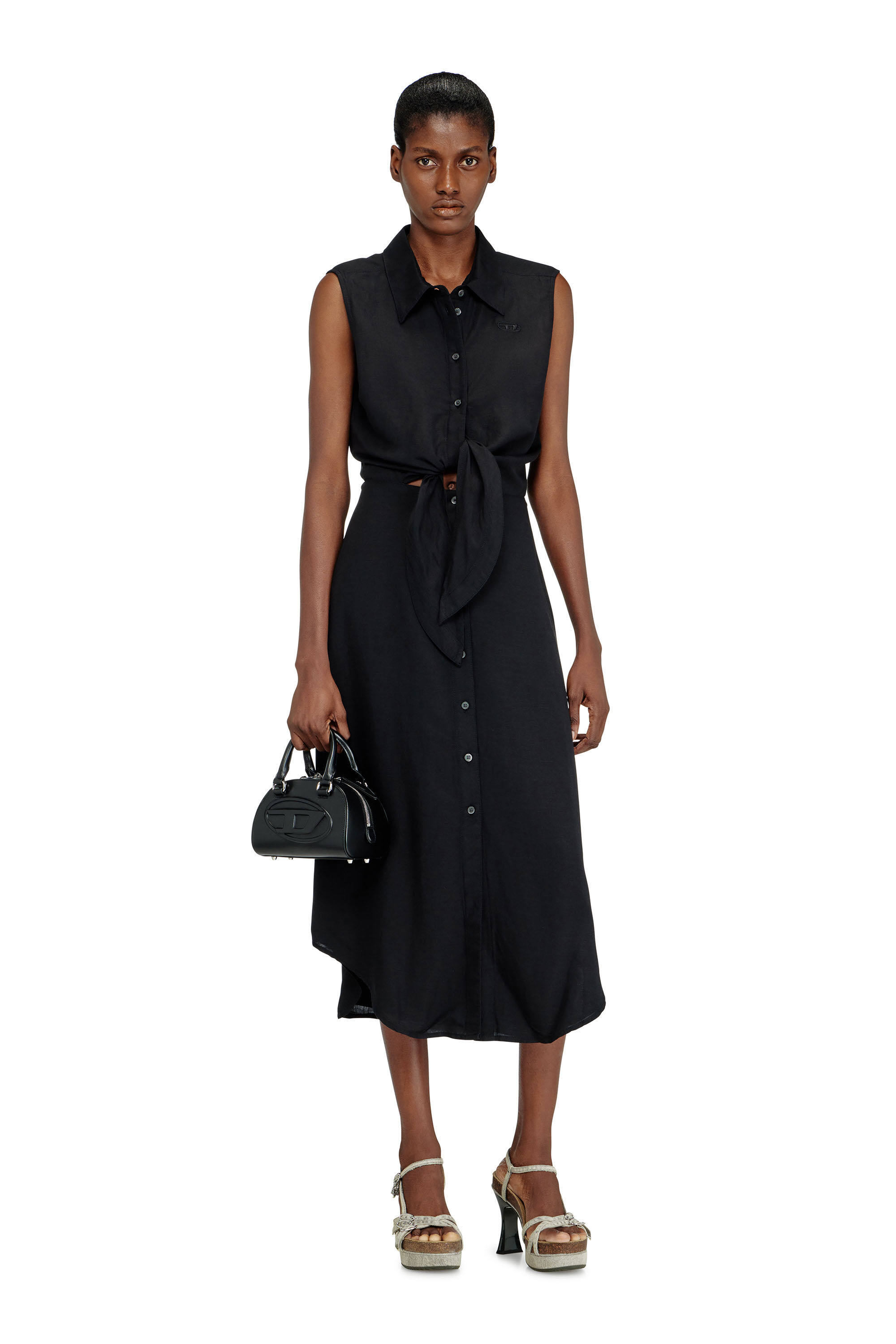 D-ELTA-SL Linen-blend midi dress with knot detail|ブラック D-ELTA-SL Linen-blend midi dress with knot detail|ブラック