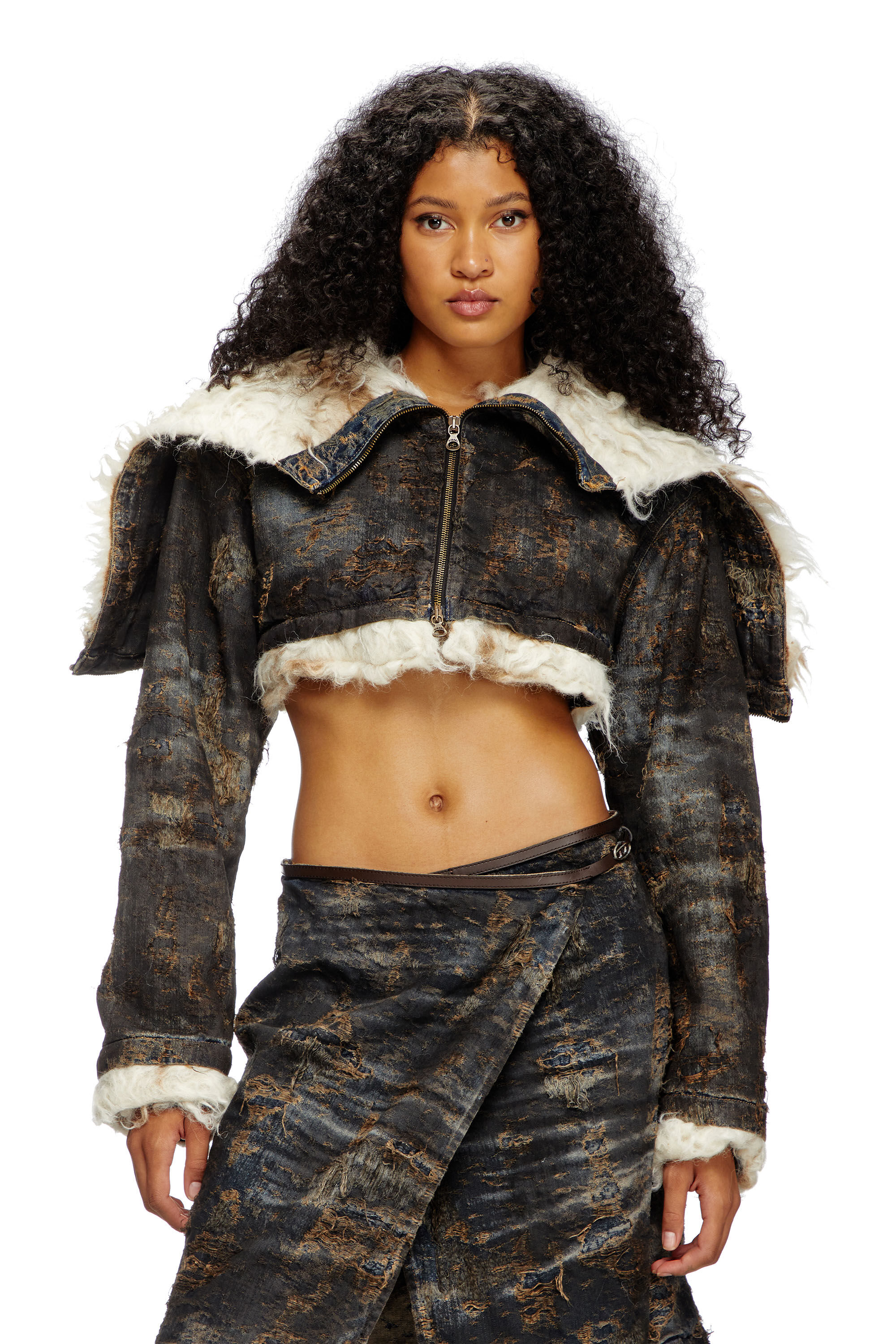 Diesel - DE-FU-FSF1, Female's Cropped jacket in dirty jacquard denim in ブラック/ブラウン - 3