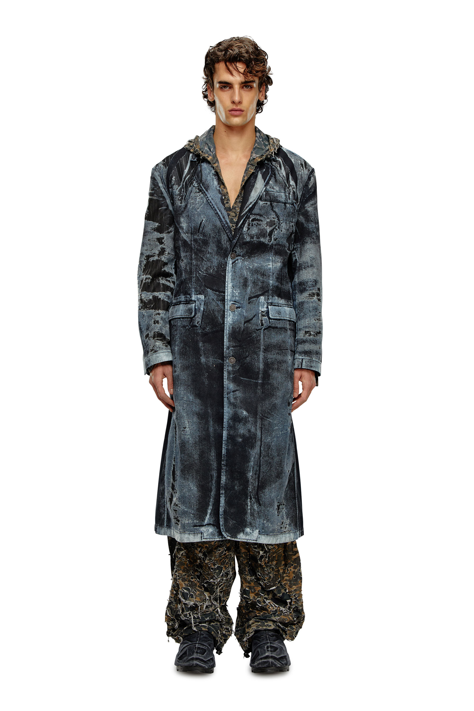 Diesel - D-BLA-LONG-DEV-FSE, Male's Coat in pinstriped devoré denim in ダークブルー - 1