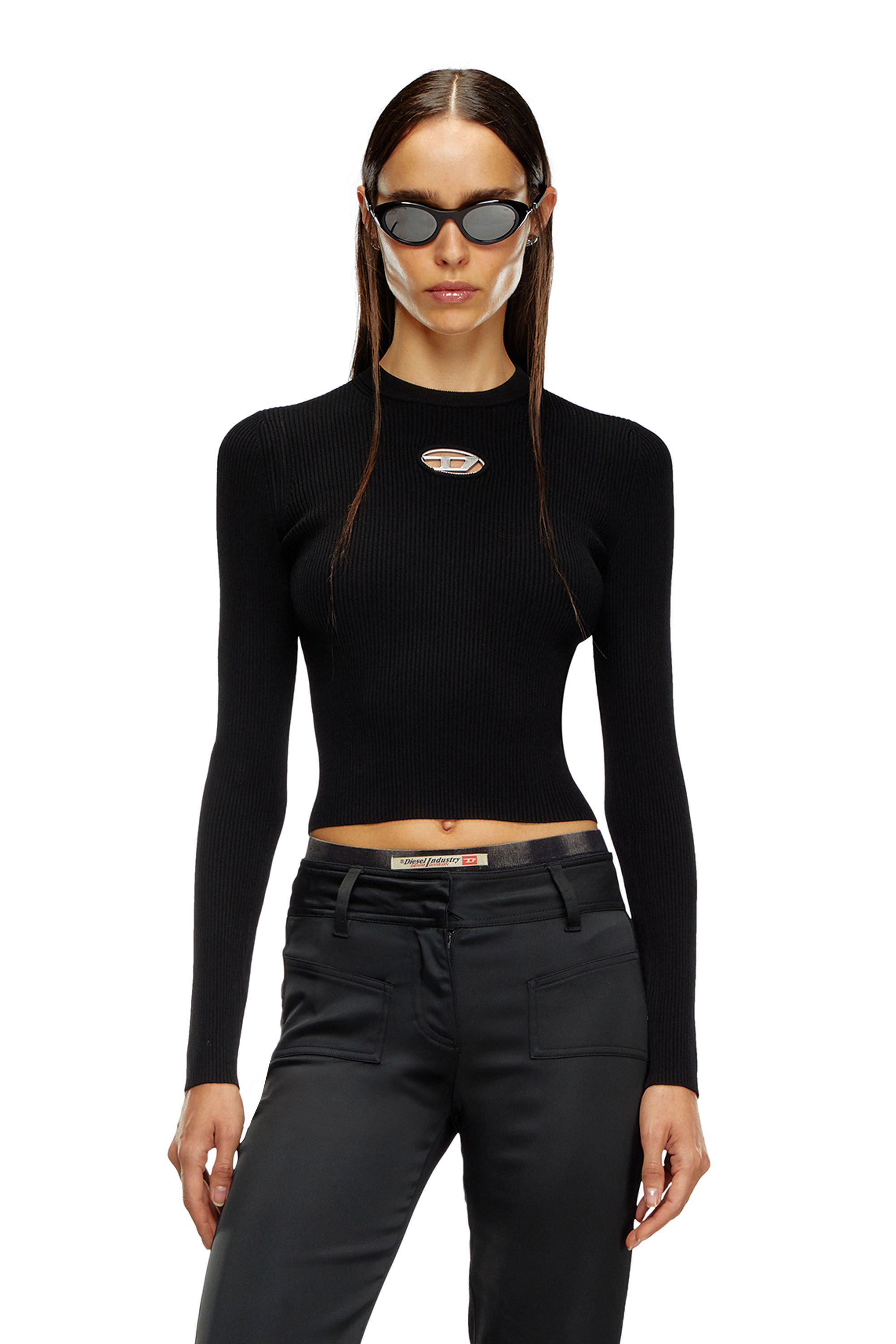 Diesel - M-VALARI, Female's Rib-knit viscose-blend top with Oval D in ブラック - 3