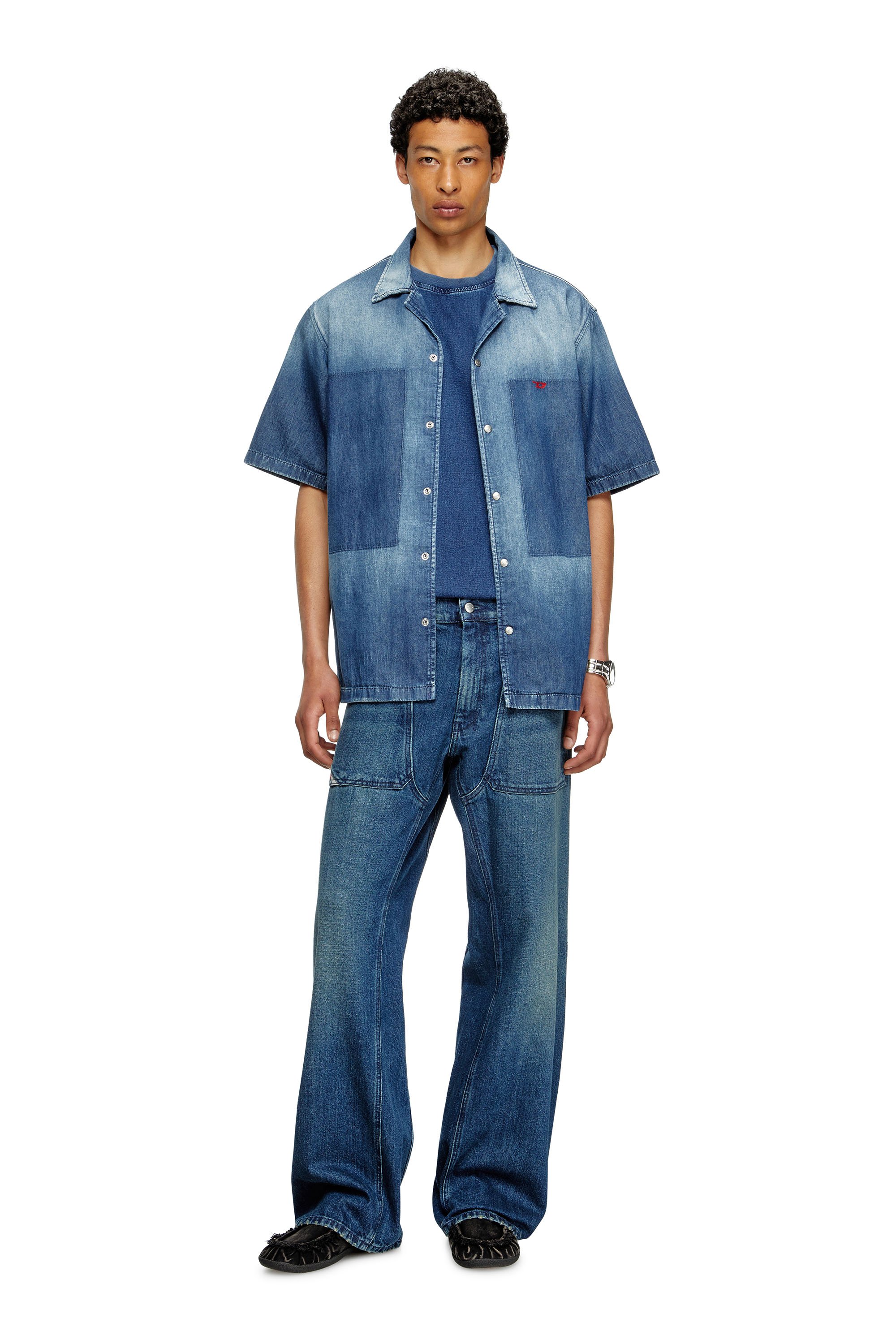Diesel - D-NABIL-D, Male's Bowling shirt in contrast-effect denim in ミディアムブルー - 2