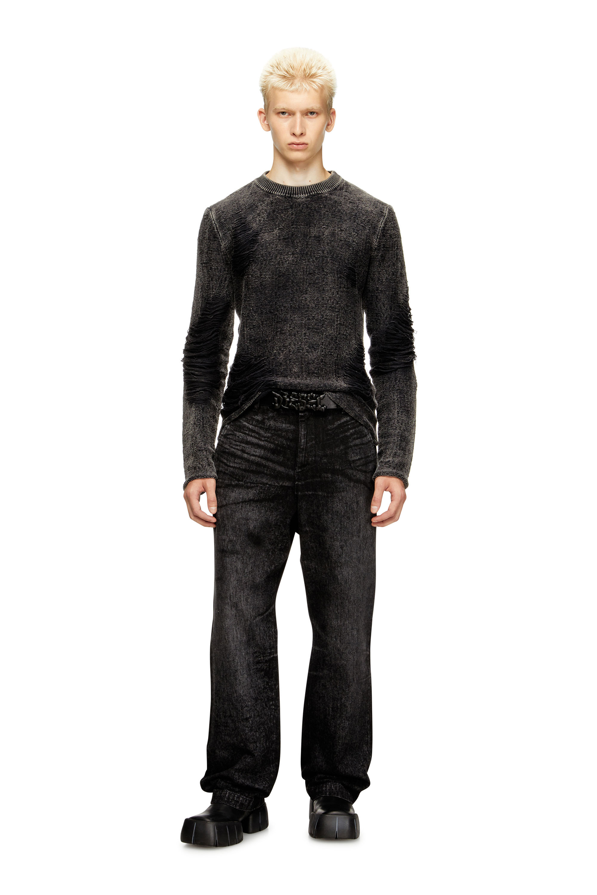 Diesel - K-FJORDI-ROUND, Male's Destroyed jumper with floating yarns in ブラック - 2