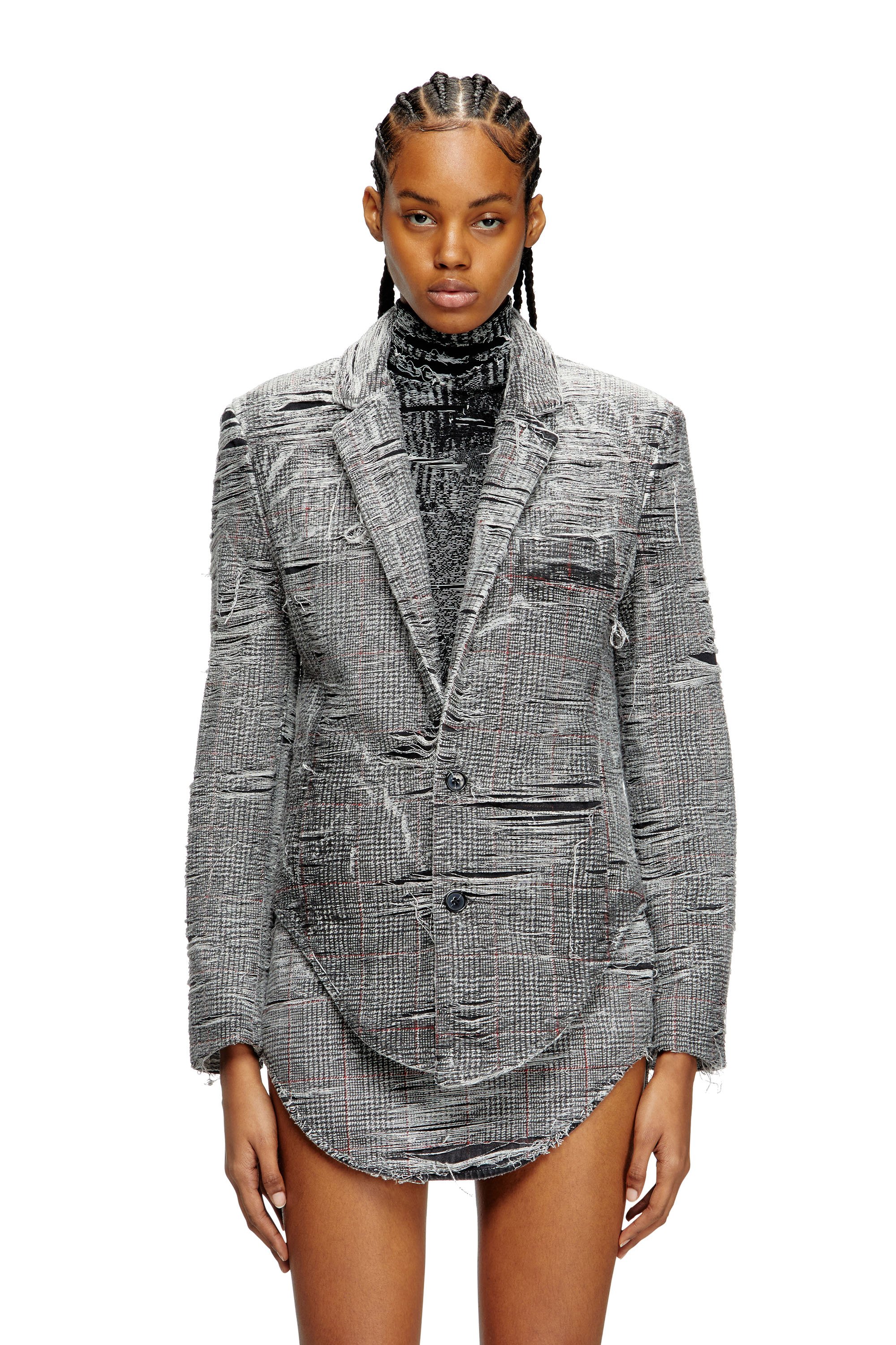 Diesel - DE-PHONIX-FSG, Female's Blazer in distressed Prince of Wales denim in グレー - 3