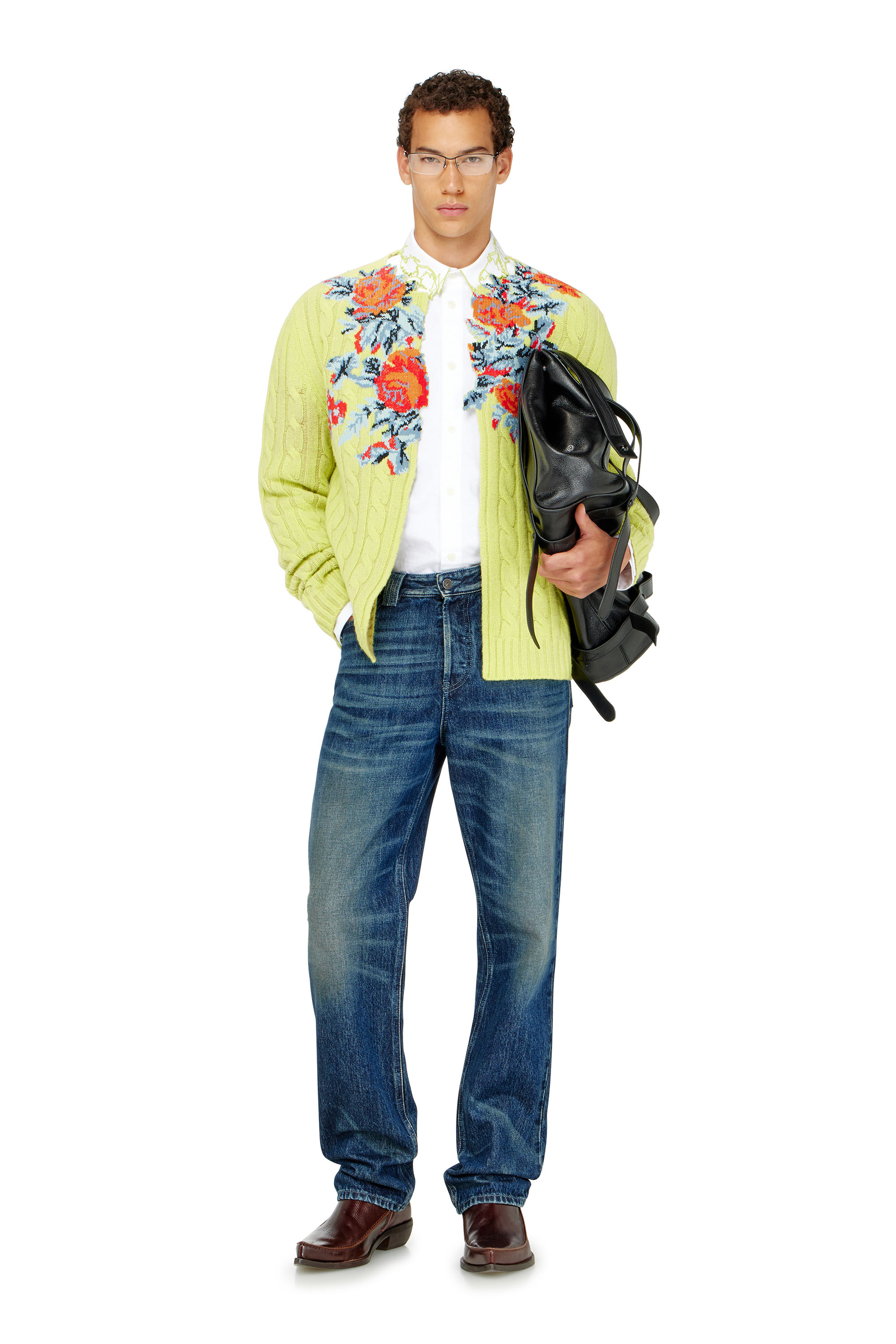 Diesel - K-RINO, Male's Open-front cardigan in floral cable knit in 蛍光グリーン - 1