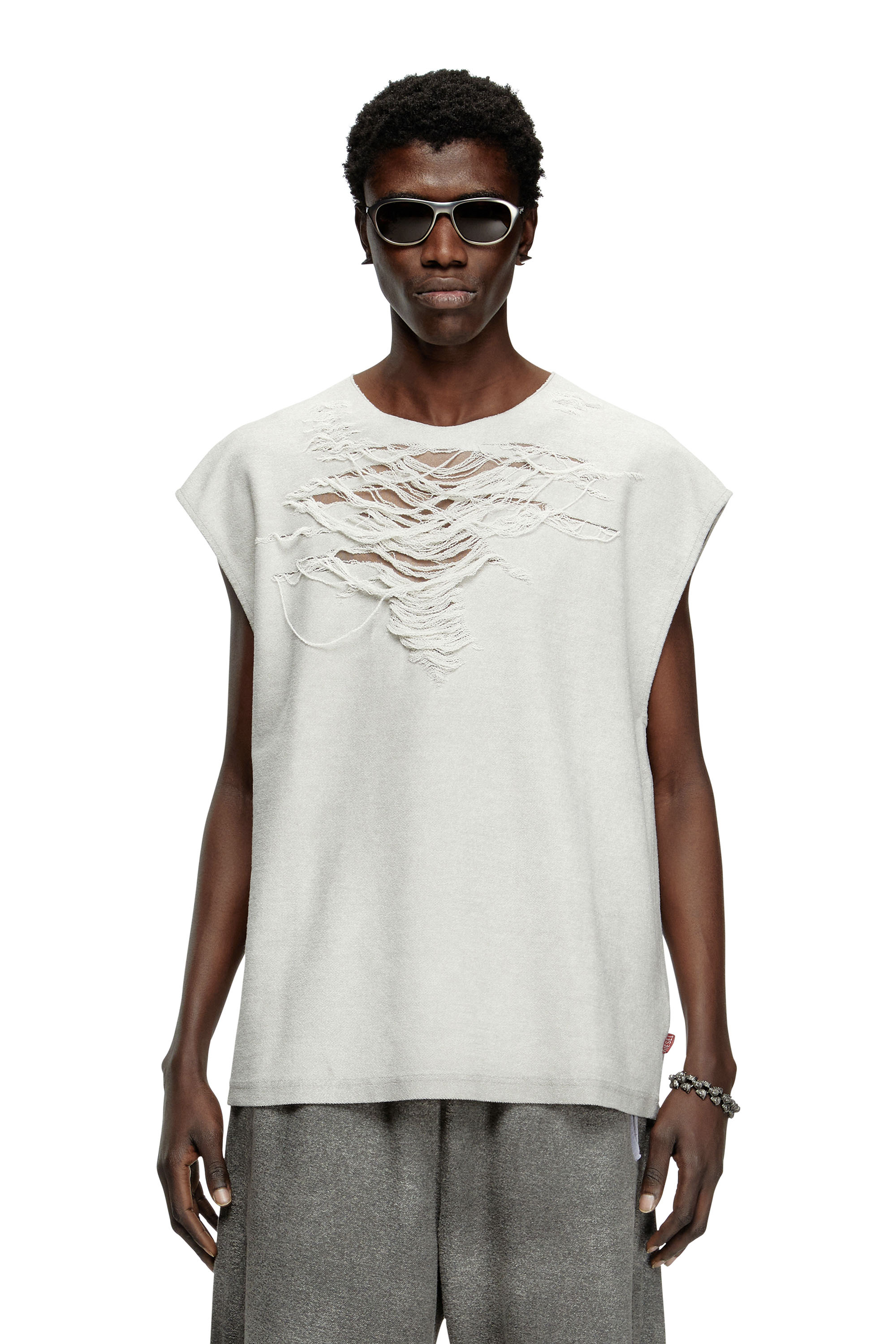 Diesel - S-RUB-SL, Male's Sleeveless sweatshirt with distressed front in ライトグレー - 1