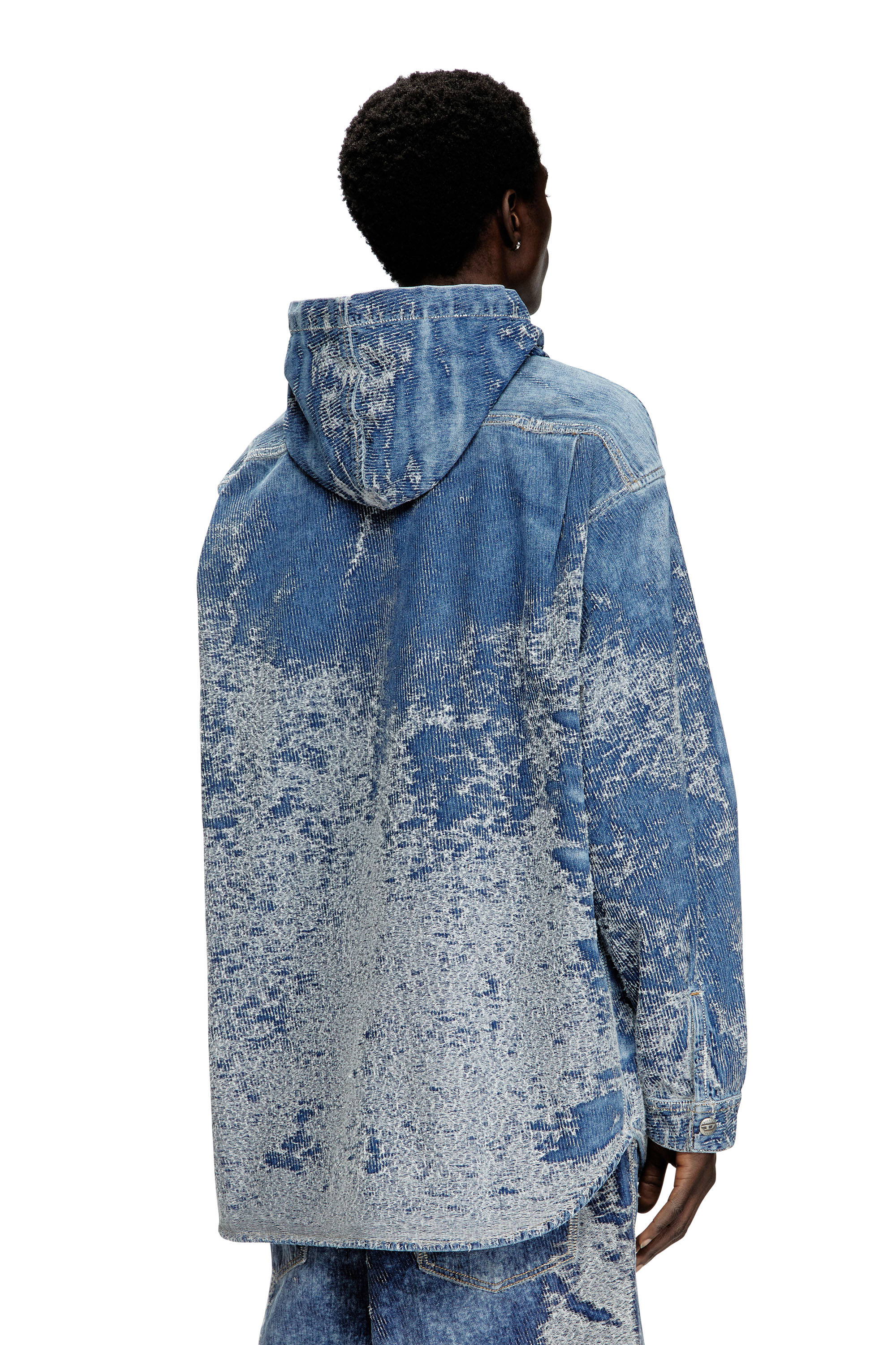 Diesel - D-DEWNYS-HOOD-S, Male's Overshirt in distressed jacquard denim in ミディアムブルー - 5