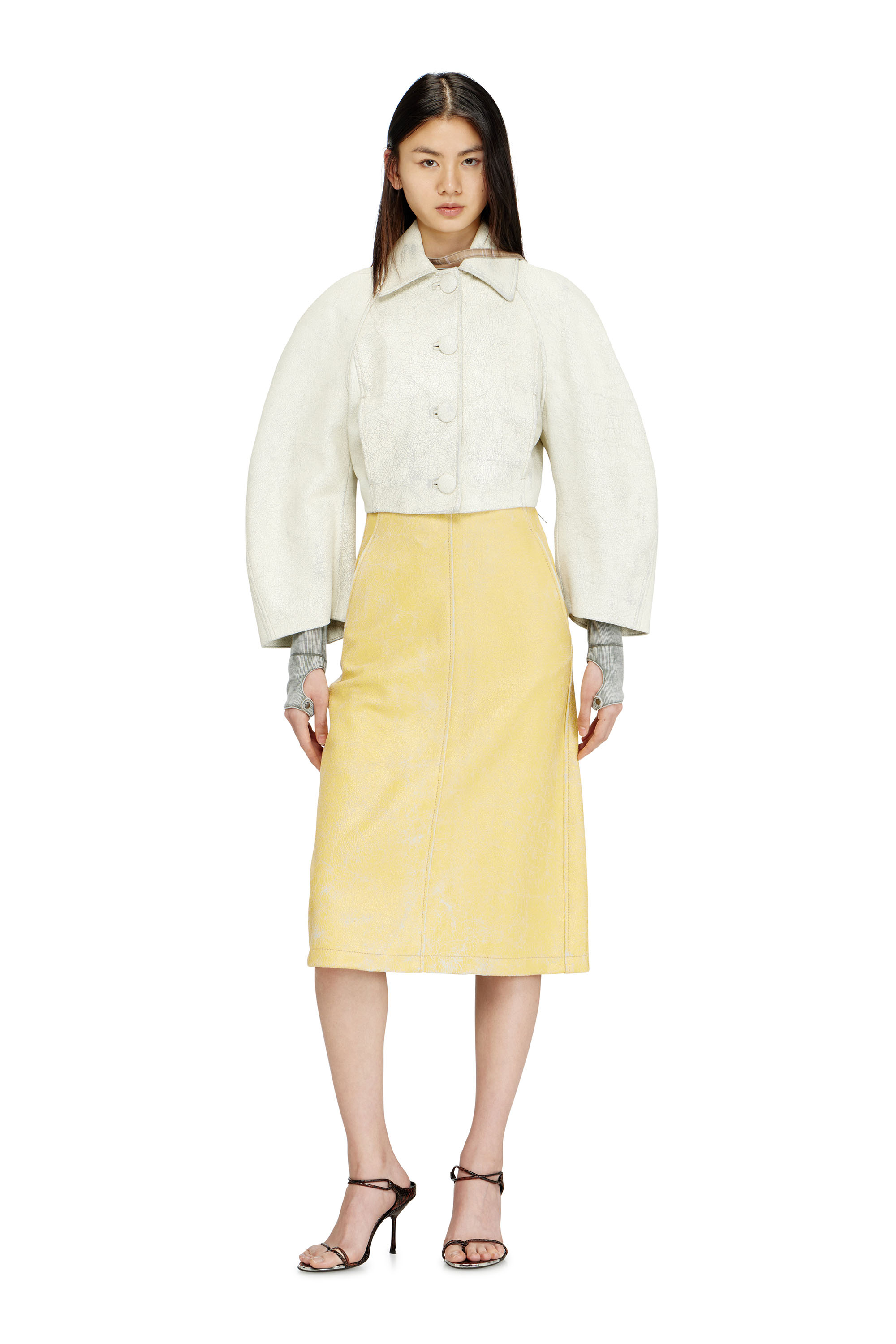 Diesel - L-ERINA, Female's Midi pencil skirt in cracked leather in イエロー - 2