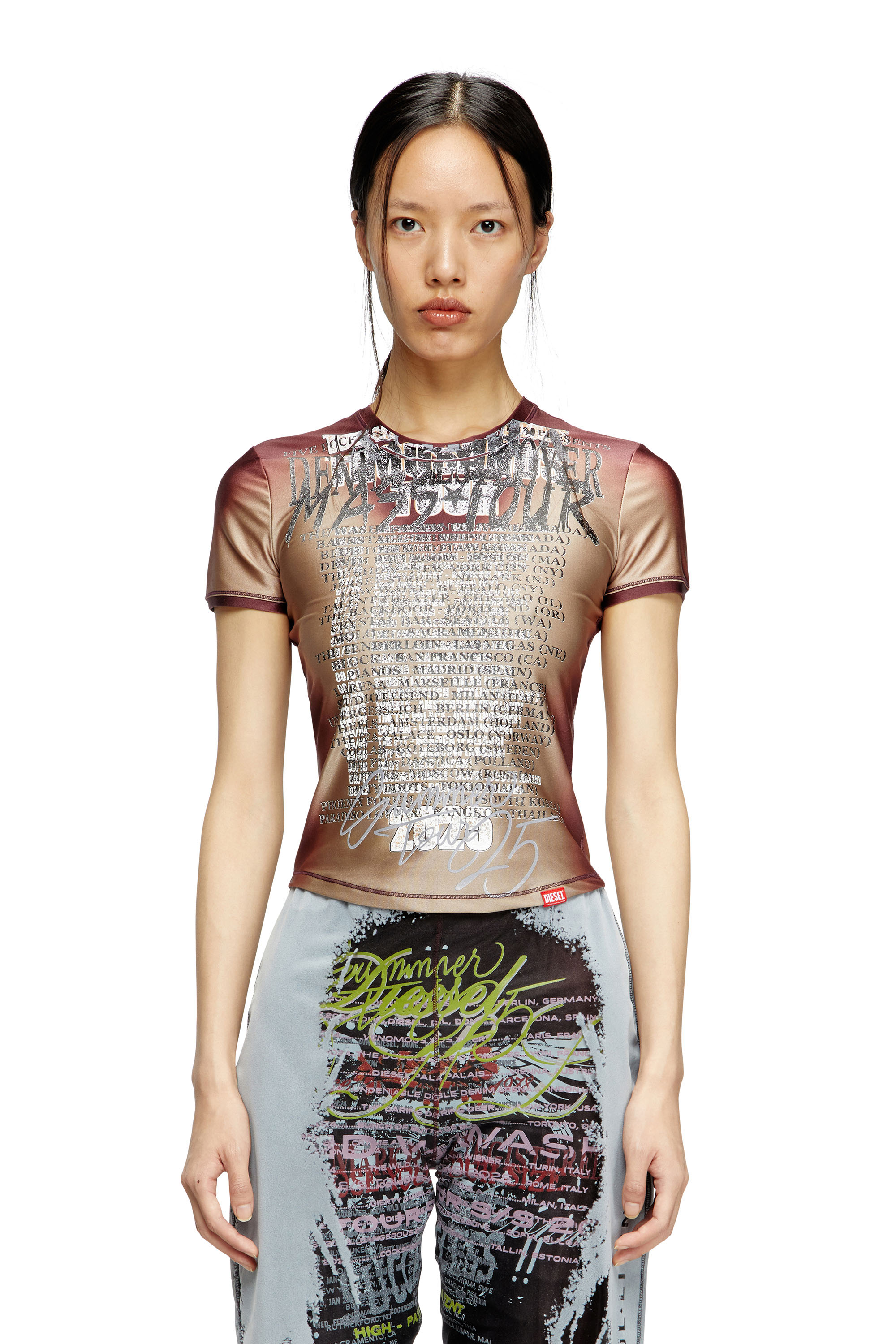 Diesel - T-KALYC, Female's Short-sleeve top with lyrics print in ブラウン - 3