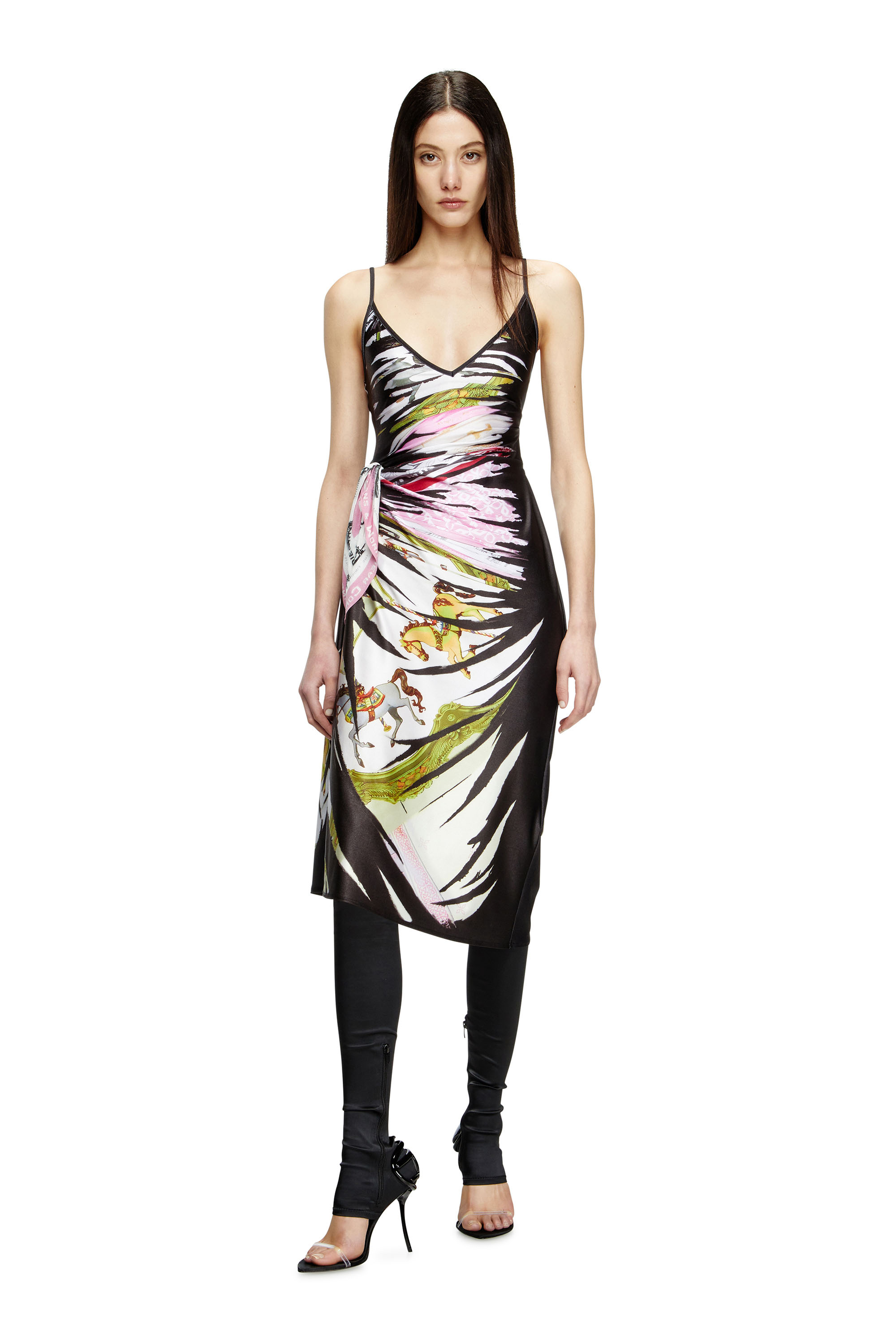 Diesel - D-OROTYS, Female's Draped midi dress with bandana print in ブラック/ホワイト - 3