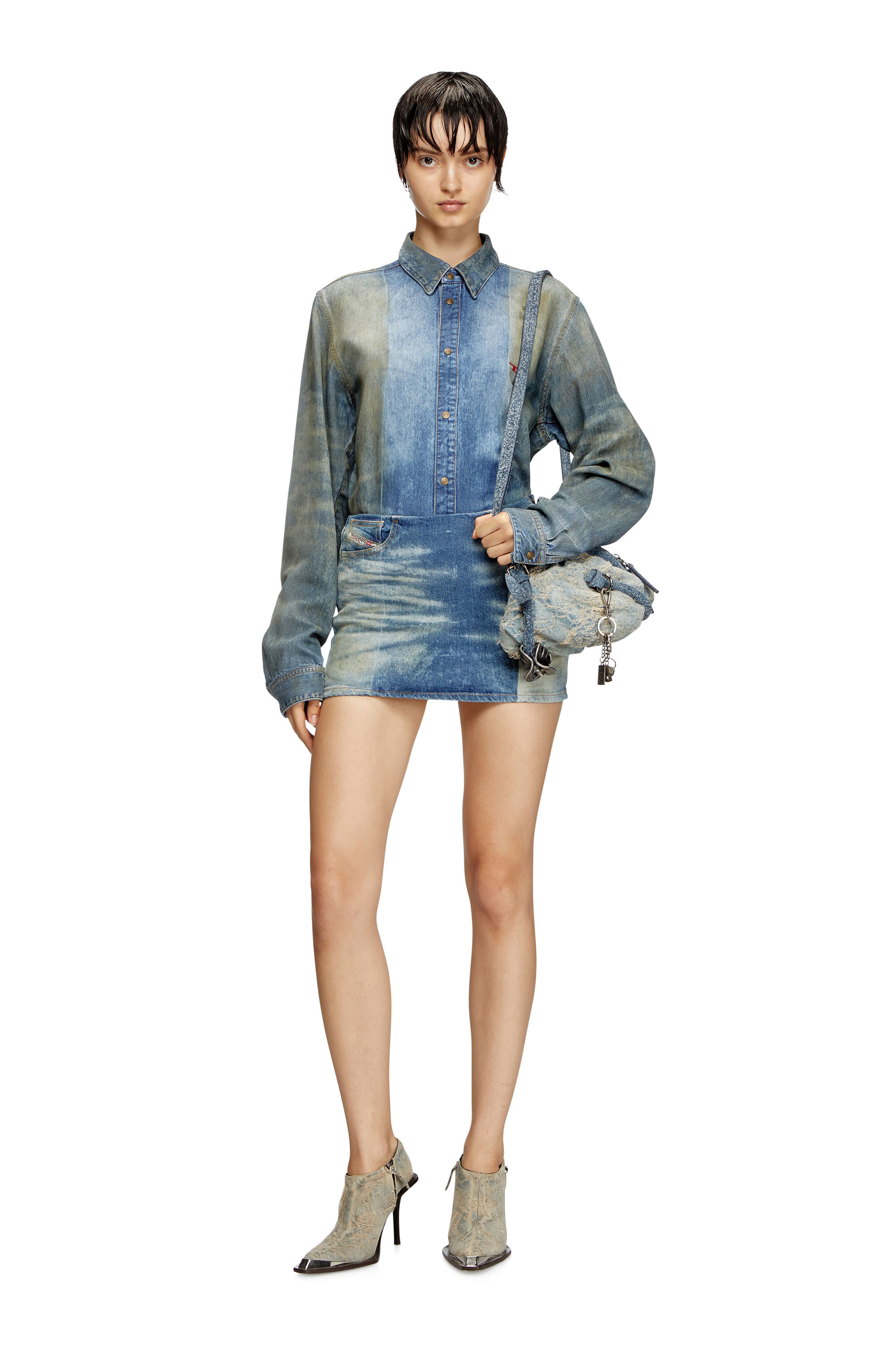 Diesel - DE-PRA-MINI-FSF, Female's Denim miniskirt with solarised folds in ミディアムブルー - 1