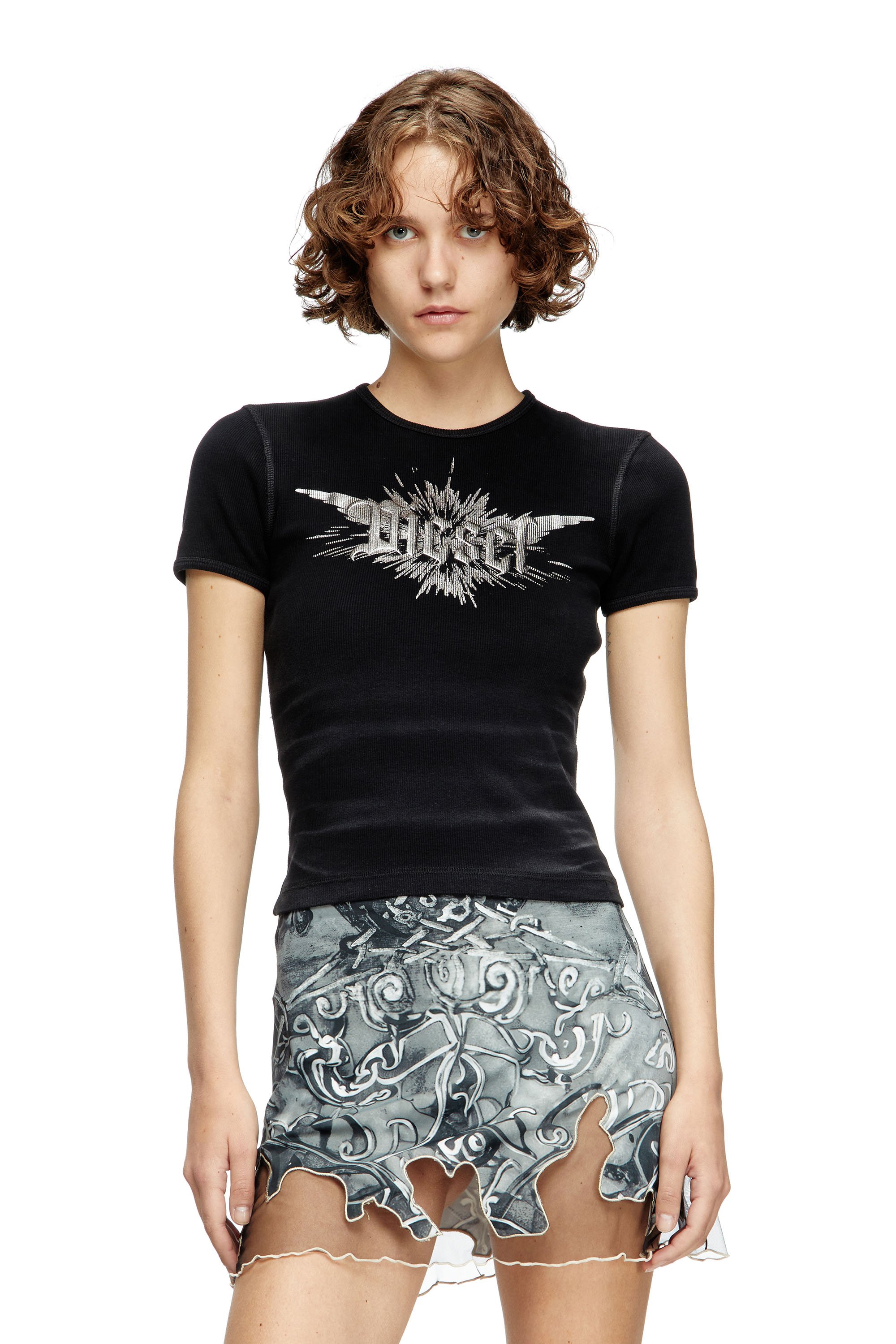 Diesel - T-ELE-LONG-P2, Female's T-shirt with winged Diesel foil print in ブラック - 1