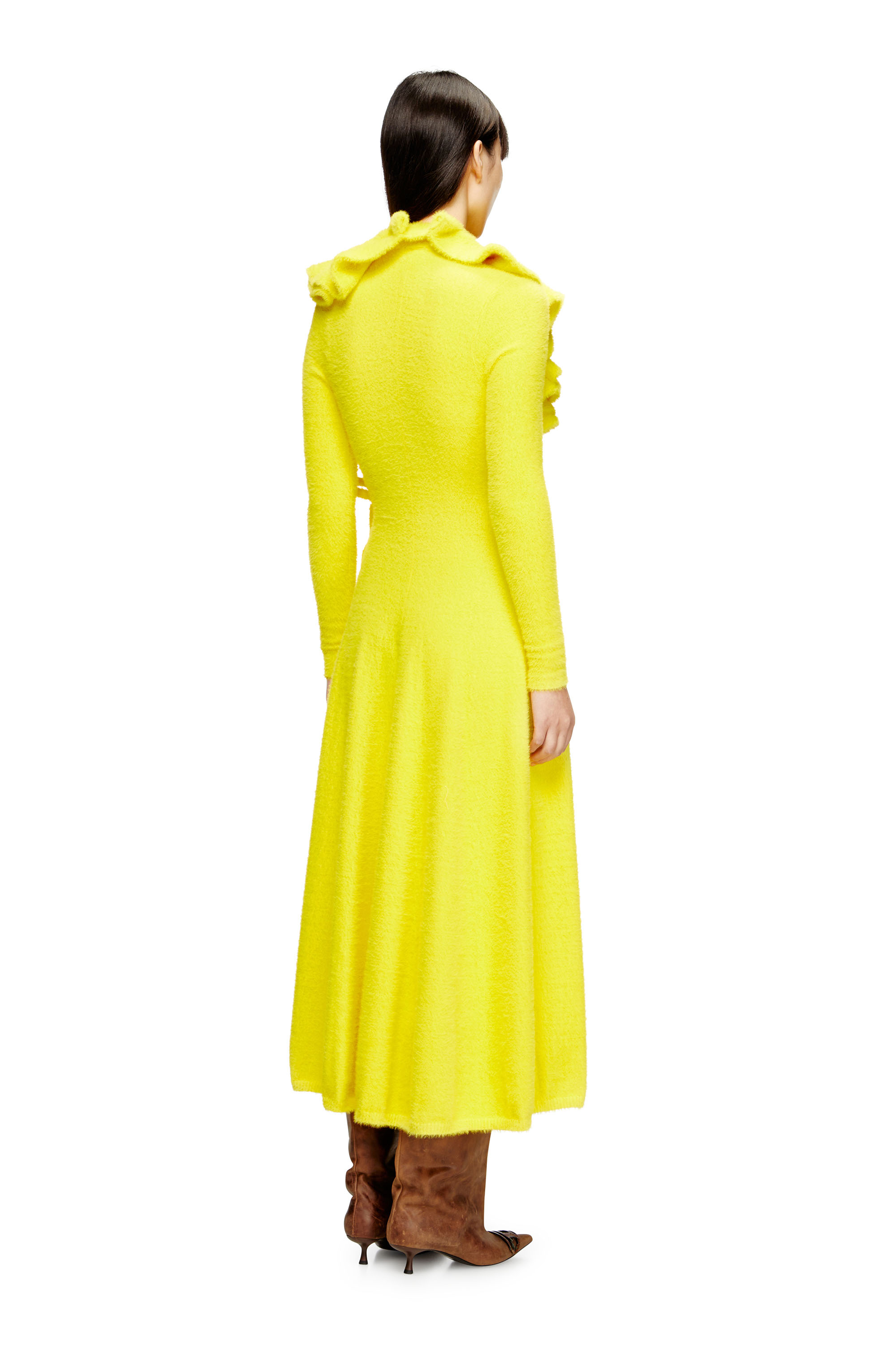 Diesel - M-INGELINA, Female's Fluffy midi dress with ripple neck in イエロー - 3