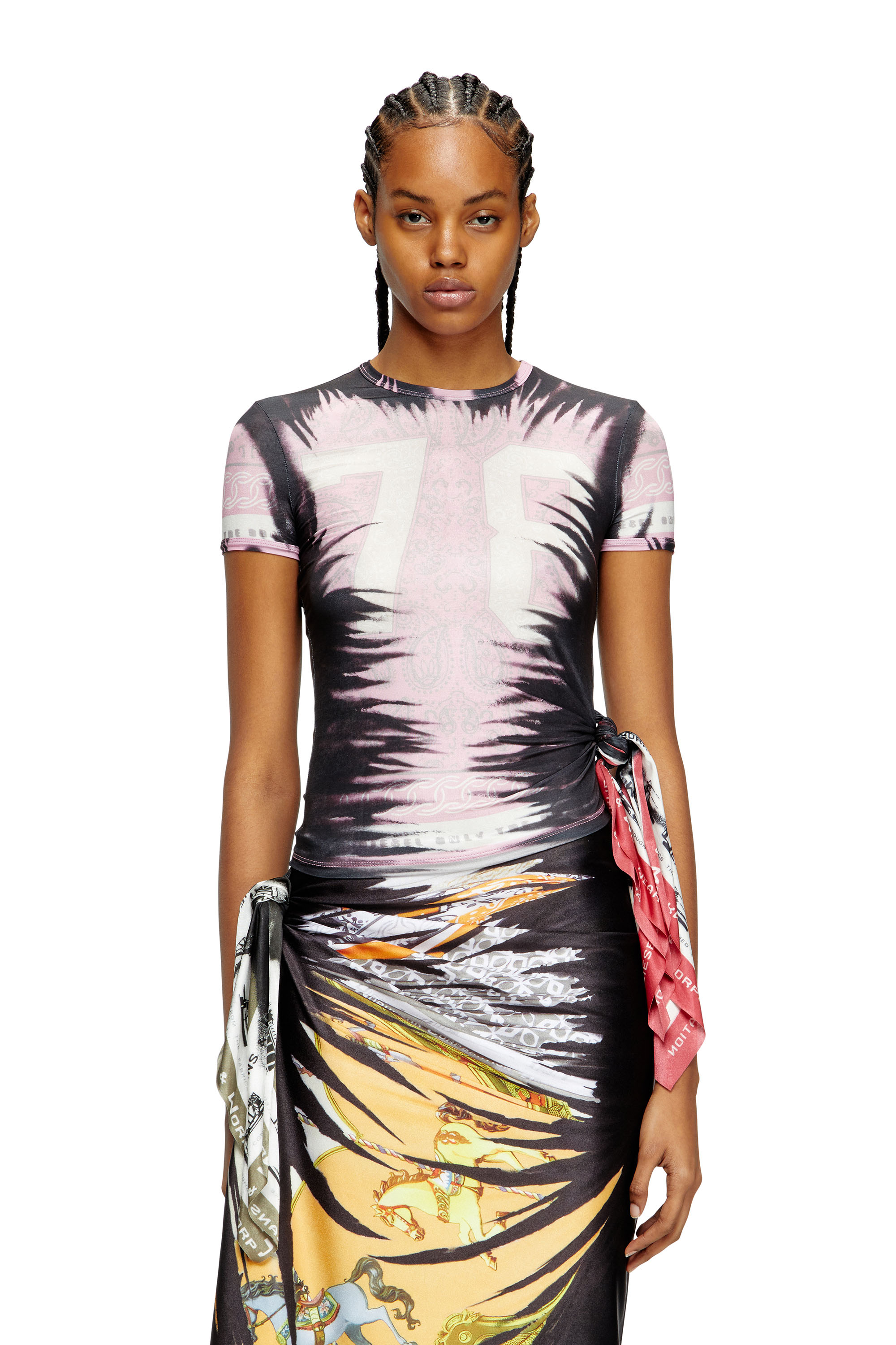 Diesel - T-DASHA, Female's Draped top with bandana knot in ブラック/ピンク - 3