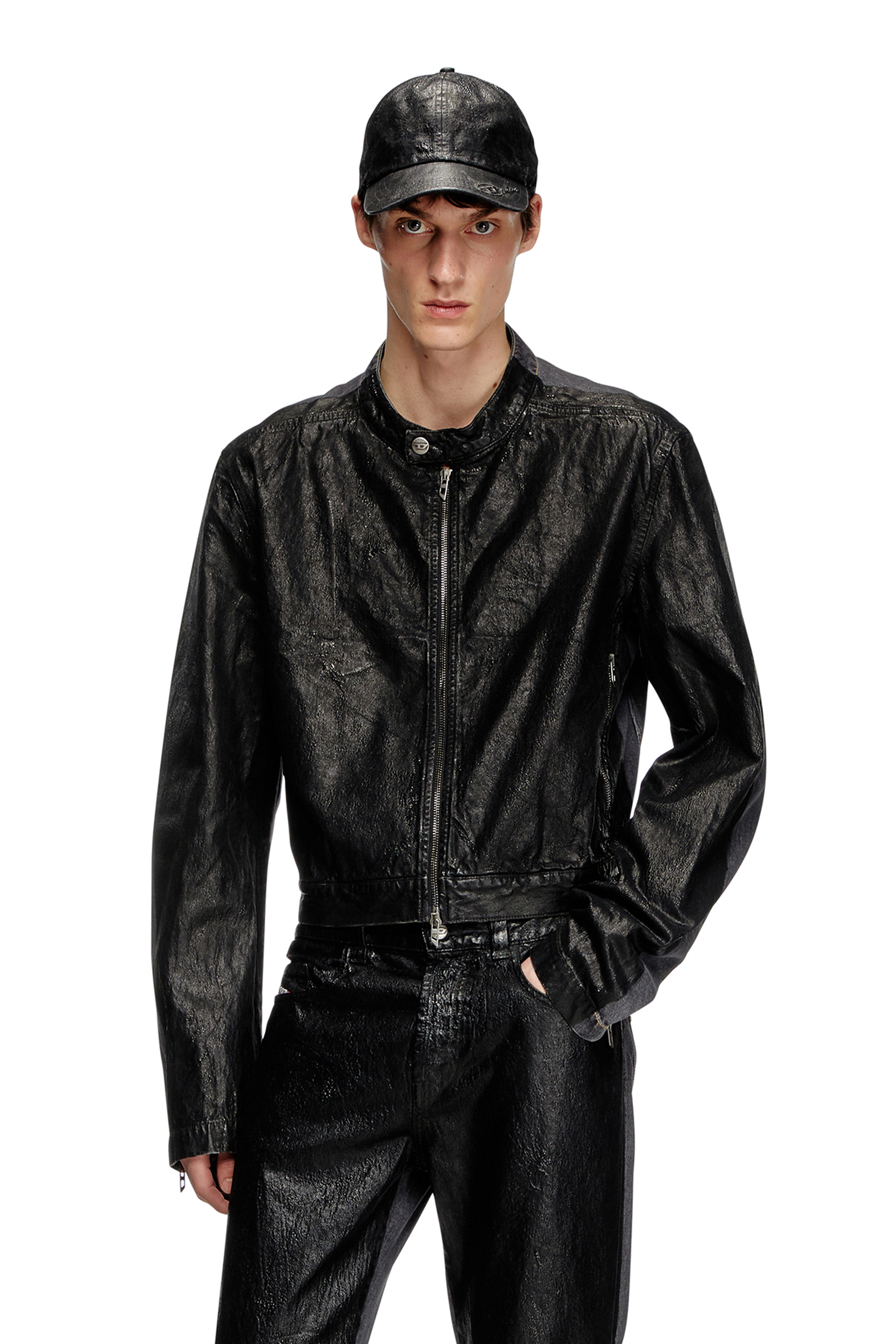 Diesel - D-GLORY-DD, Unisex's Denim moto jacket with coated front in ブラック - 1