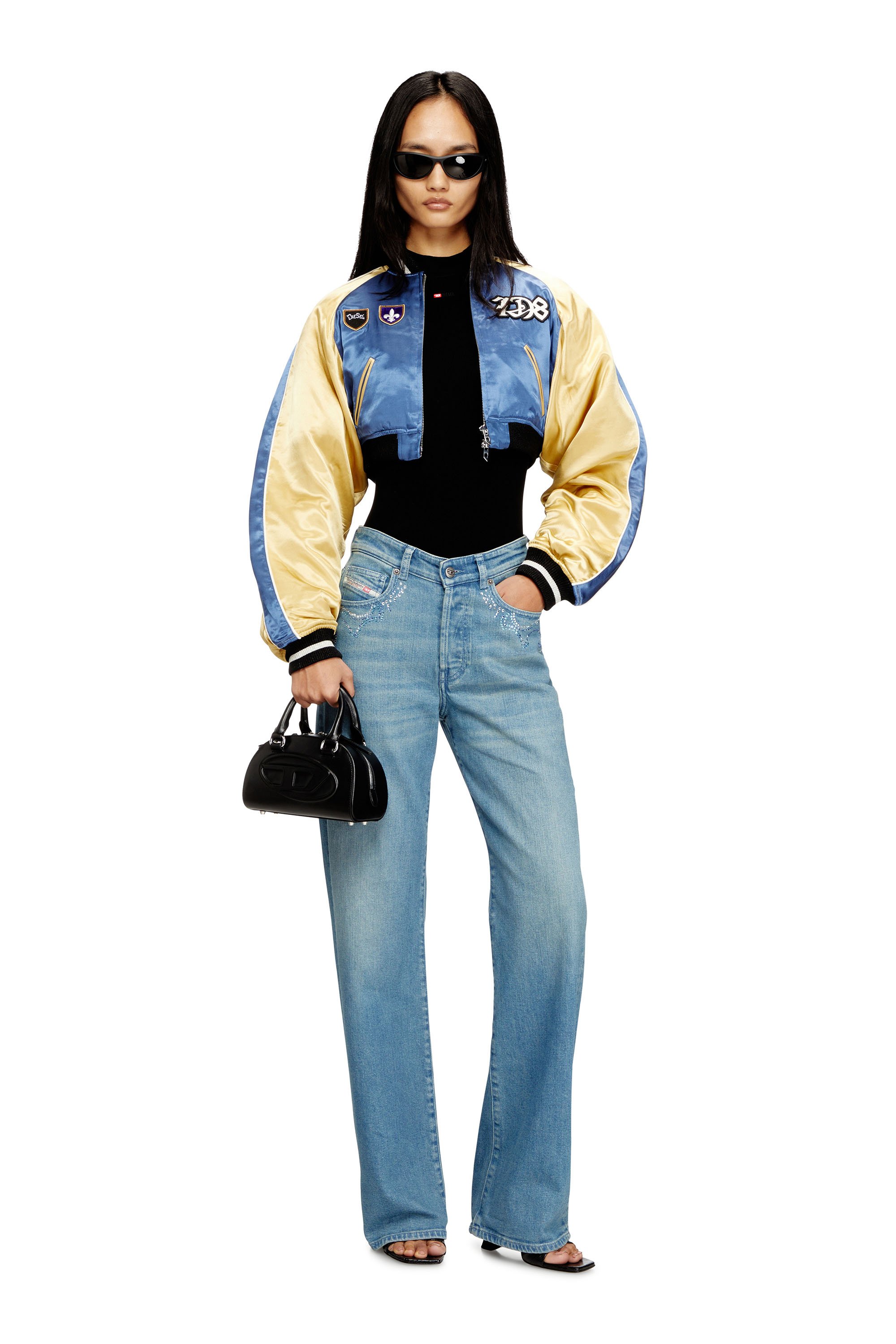 Diesel - G-OSPEL-CP, Female's クロップド サテン スーベニアジャケット in ブルー/イエロー - 2