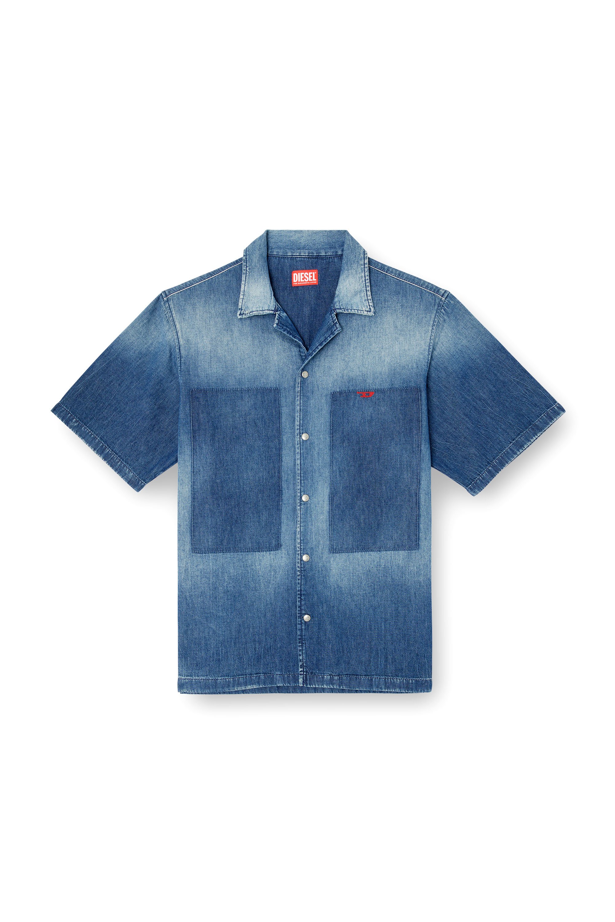 Diesel - D-NABIL-D, Male's Bowling shirt in contrast-effect denim in ミディアムブルー - 3