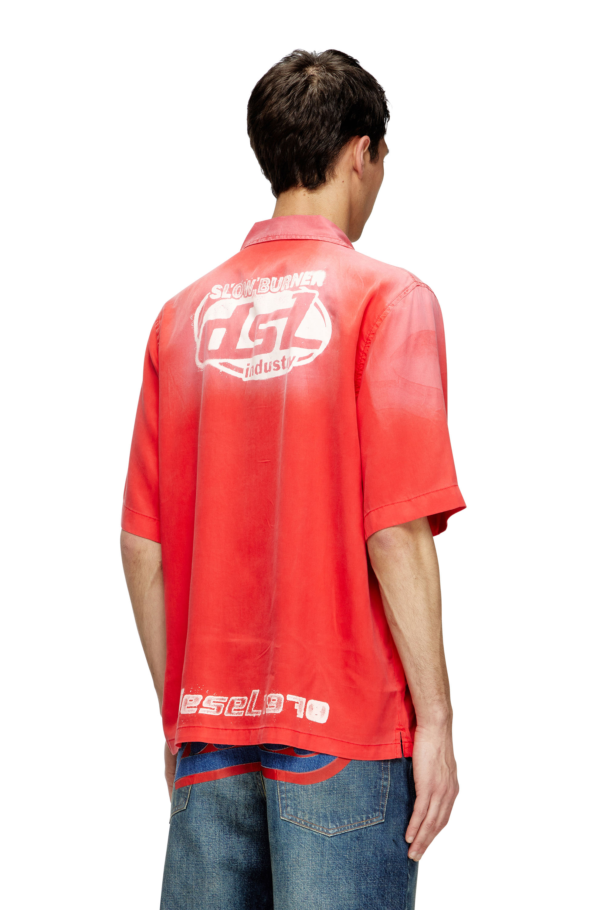 Diesel - S-ELLY, Male's Faded bowling shirt with logo prints in レッド - 4