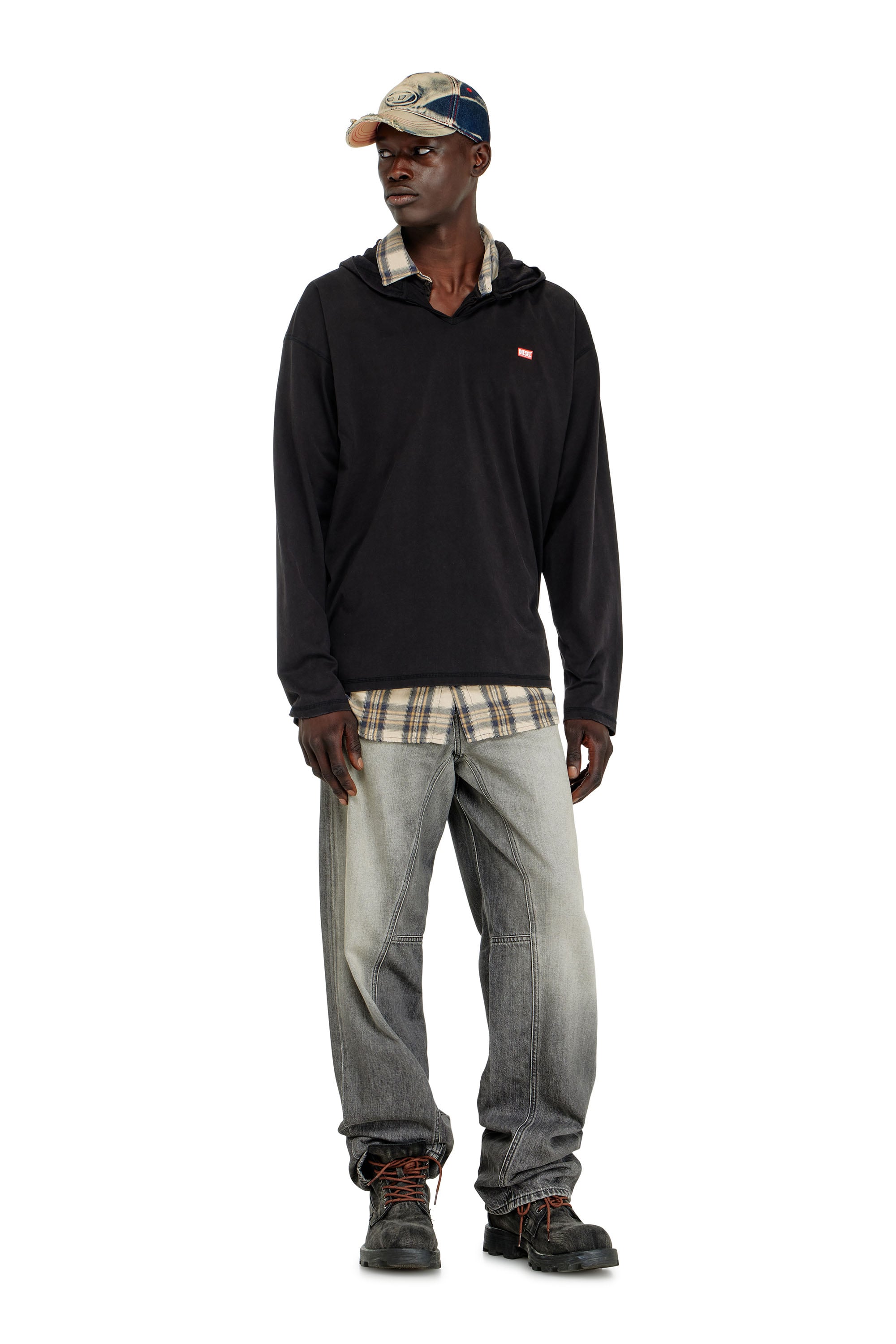 Diesel - T-BOXT-LS-HOOD-CHECK, Male's フード付き長袖Tシャツ in ブラック - 2