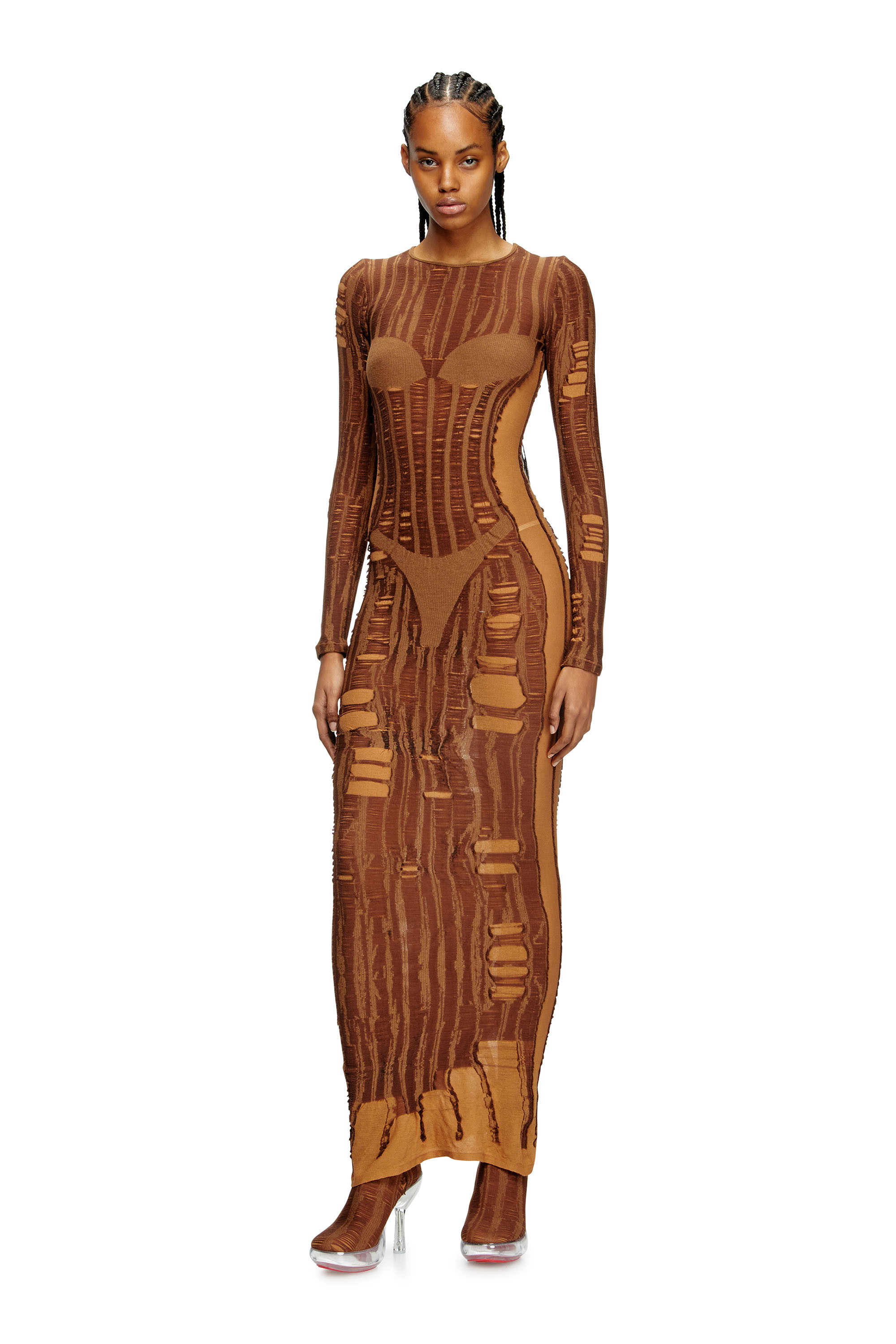 Diesel - M-CALIMERA, Female's Maxi dress in distressed second-skin knit in ブラウン - 1