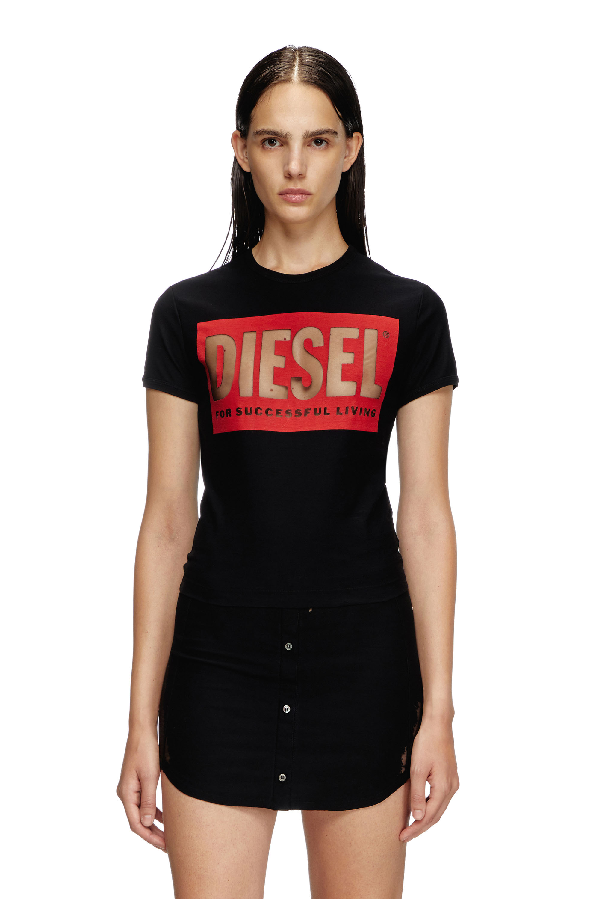 Diesel - T-MALUN, Female's T-shirt with devoré Biscotto logo in ブラック - 1