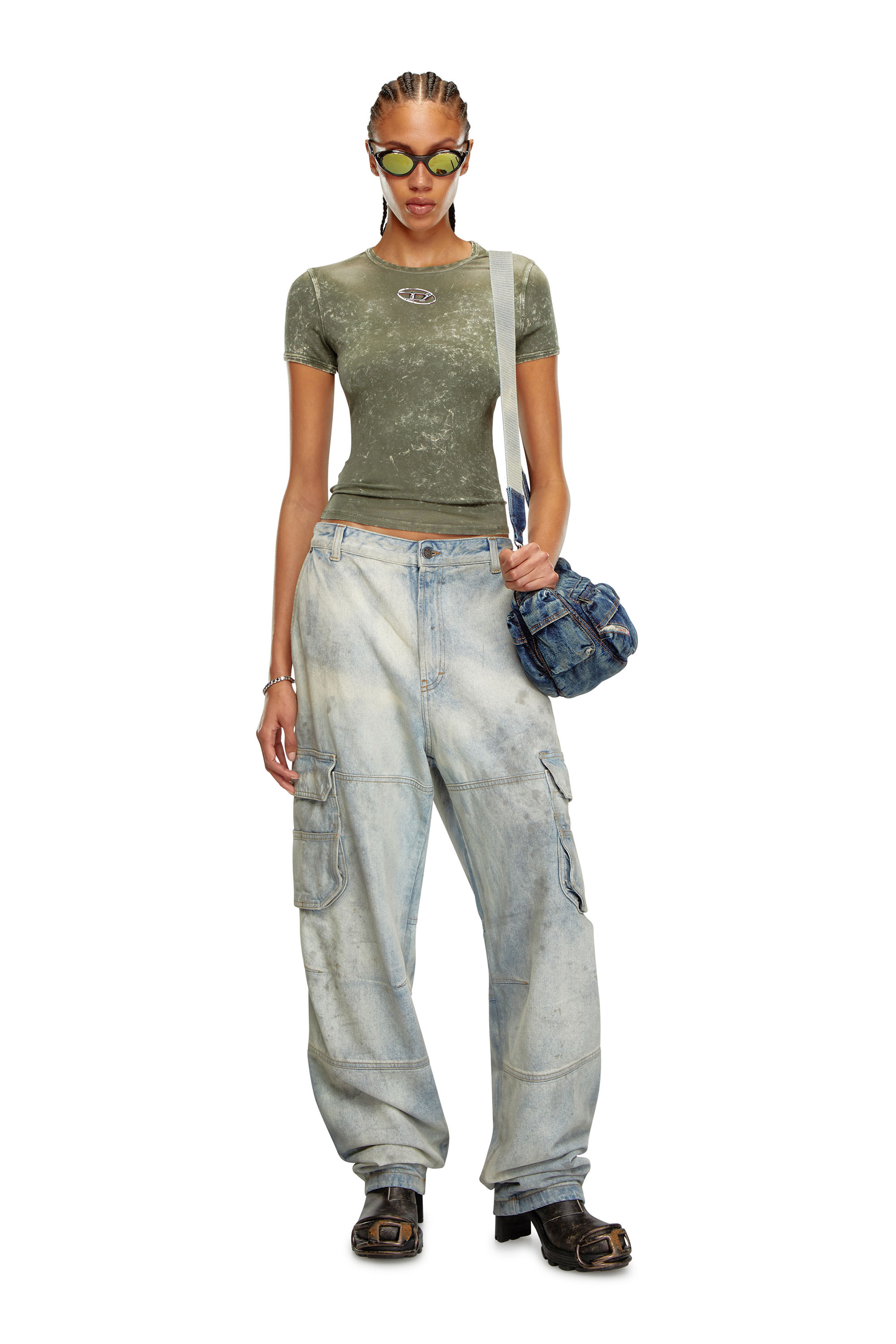 Diesel - T-UNCUTIES-P1, Female's Marble-effect T-shirt in stretch jersey in オリーブグリーン - 2