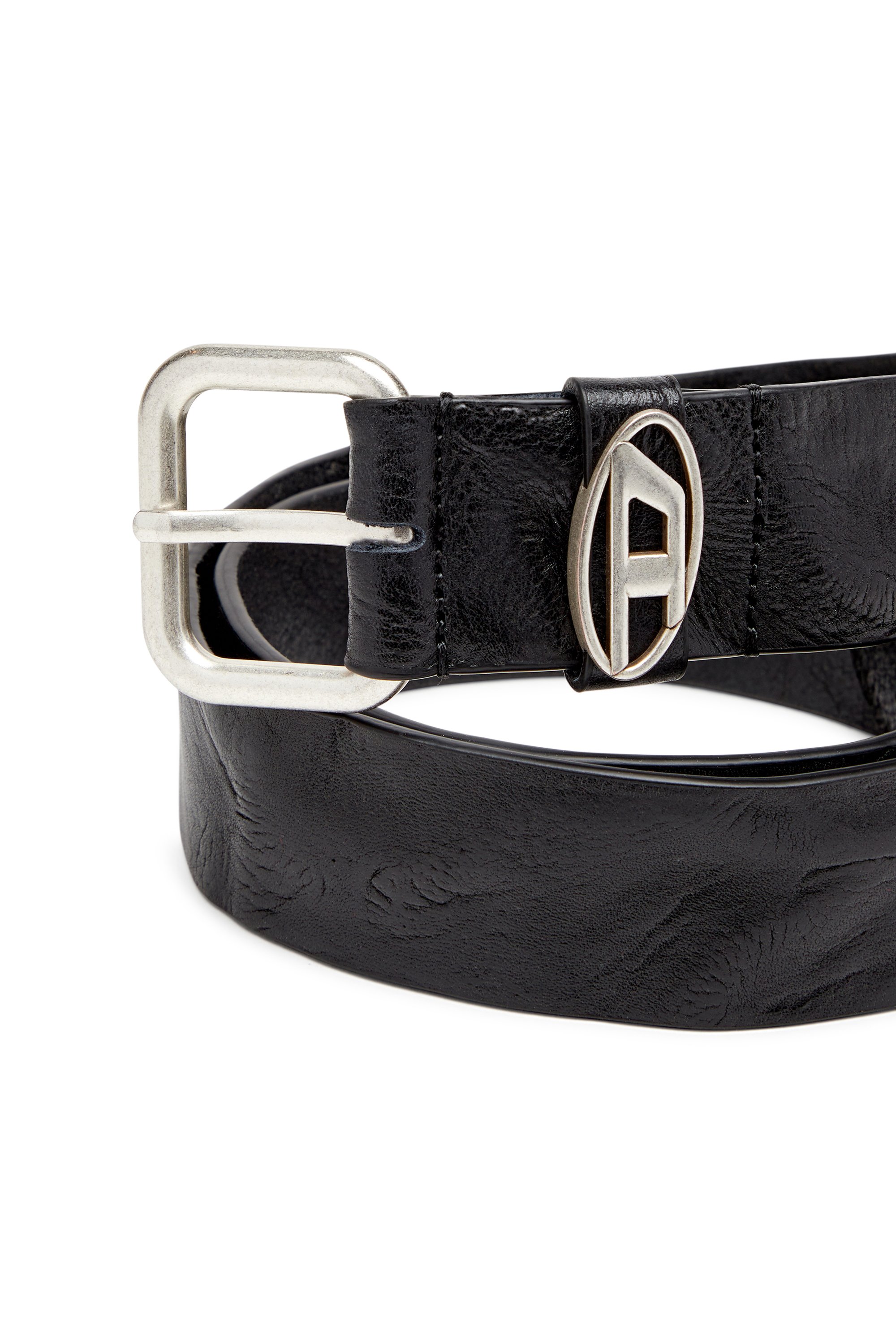 Diesel - B-1DR OVAL D LOOP, Unisex's Logo-plaque wrinkled leather belt in ブラック - 3
