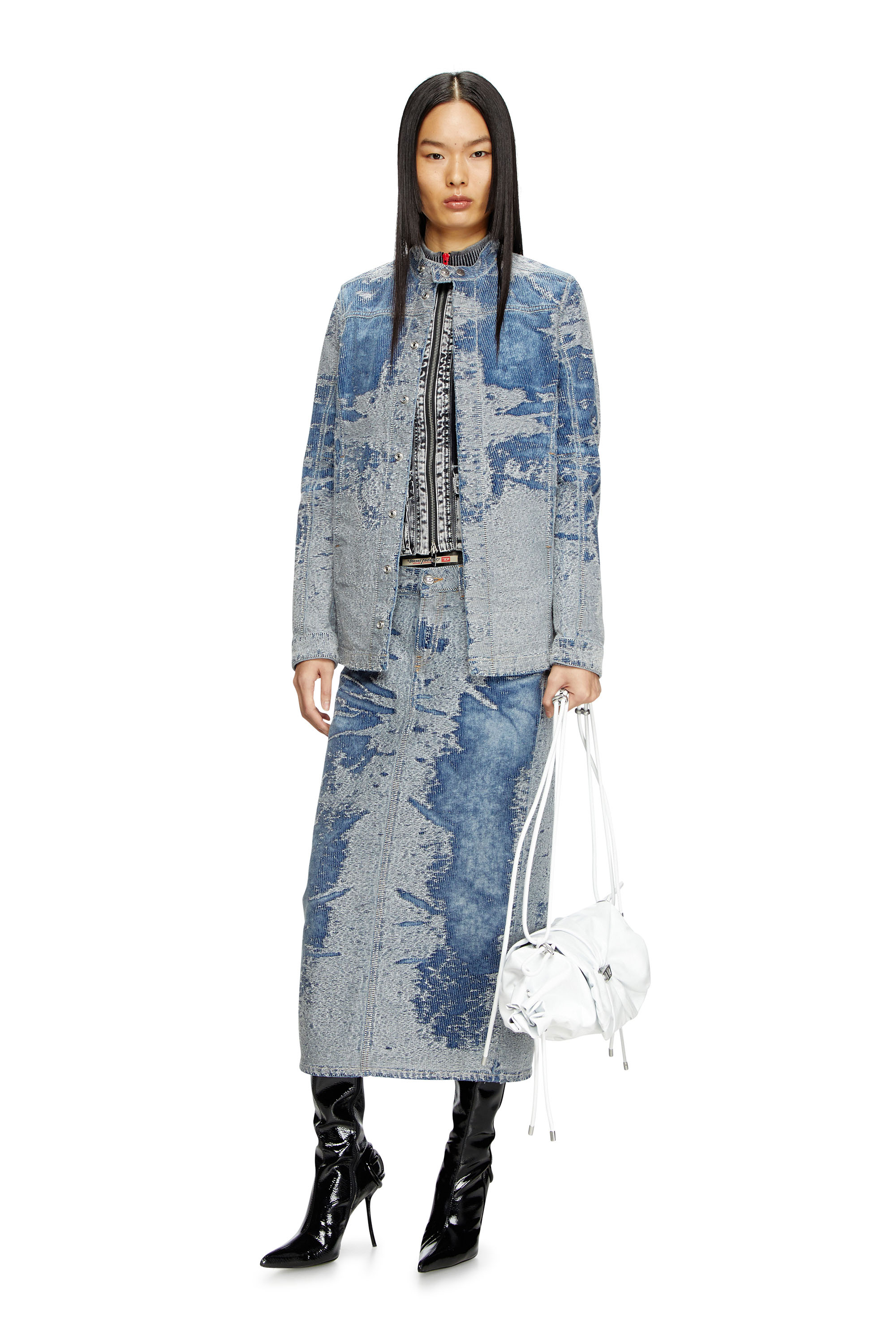 Diesel - DE-SKYE-S, Female's Midi skirt in distressed jacquard denim in ライトブルー - 1