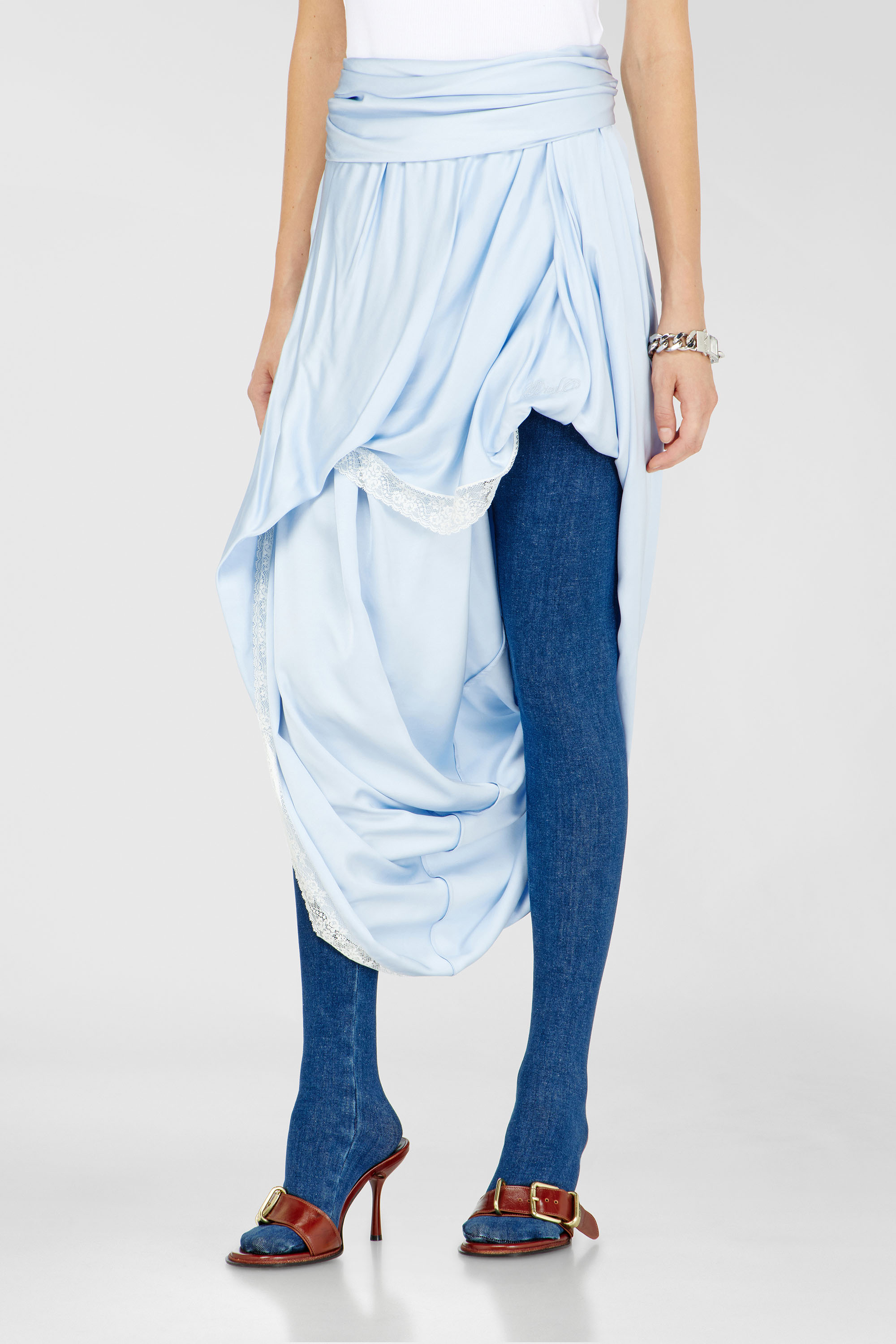 Diesel - O-WANDA, Female's Draped satin midi skirt with lace trim in アジュール - 2