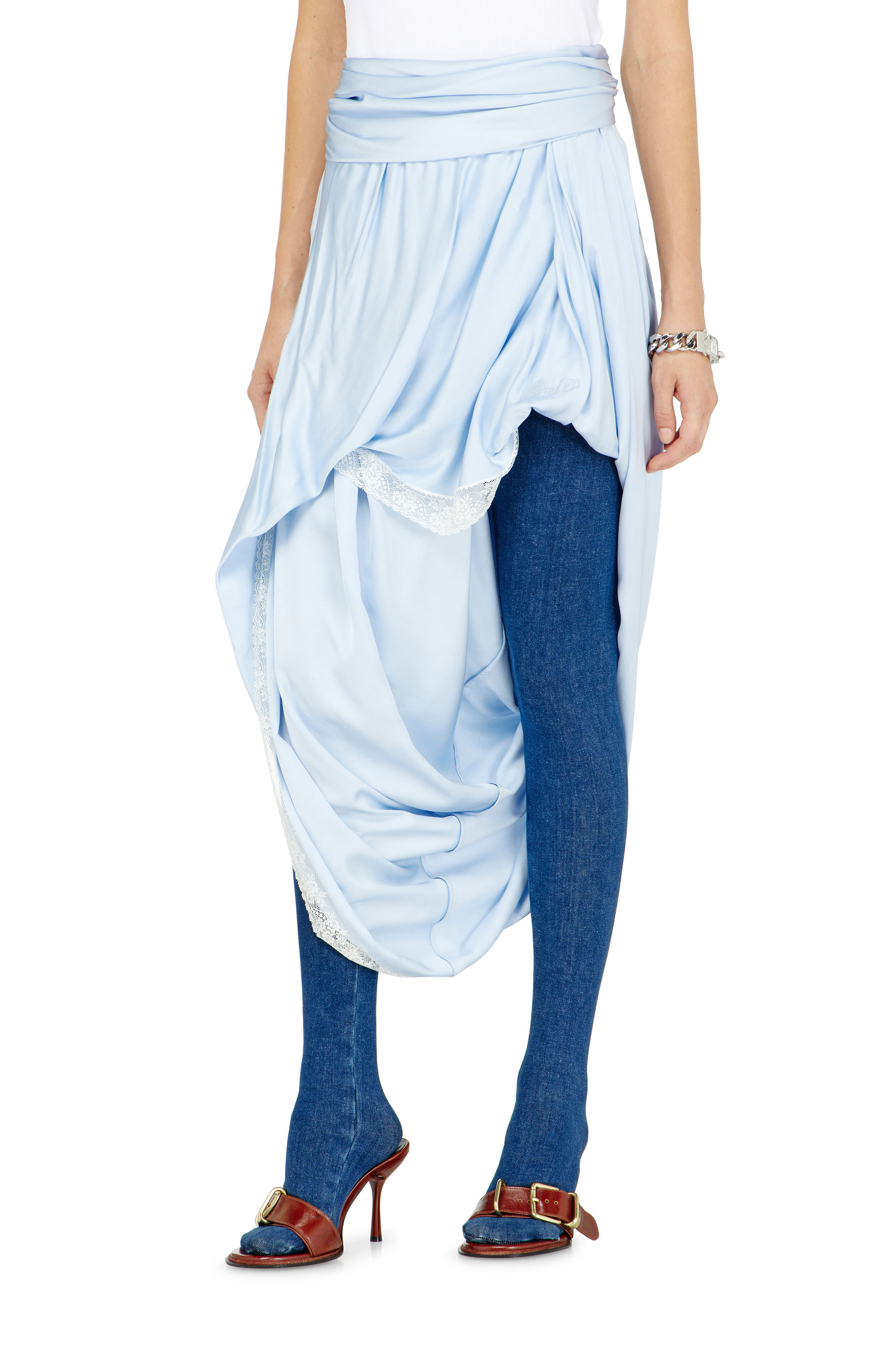 Diesel - O-WANDA, Female's Draped satin midi skirt with lace trim in アジュール - 2