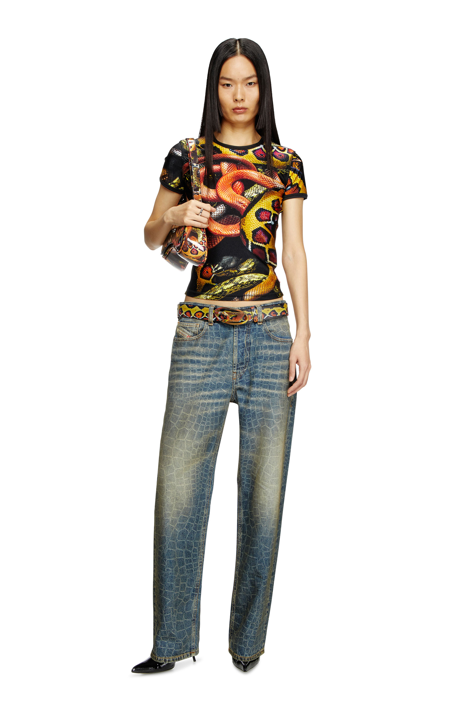 Diesel - CL-T-UNCLE-SNAKE, Unisex's Lycra T-shirt with all-over snake print in ブラック/イエロー - 6