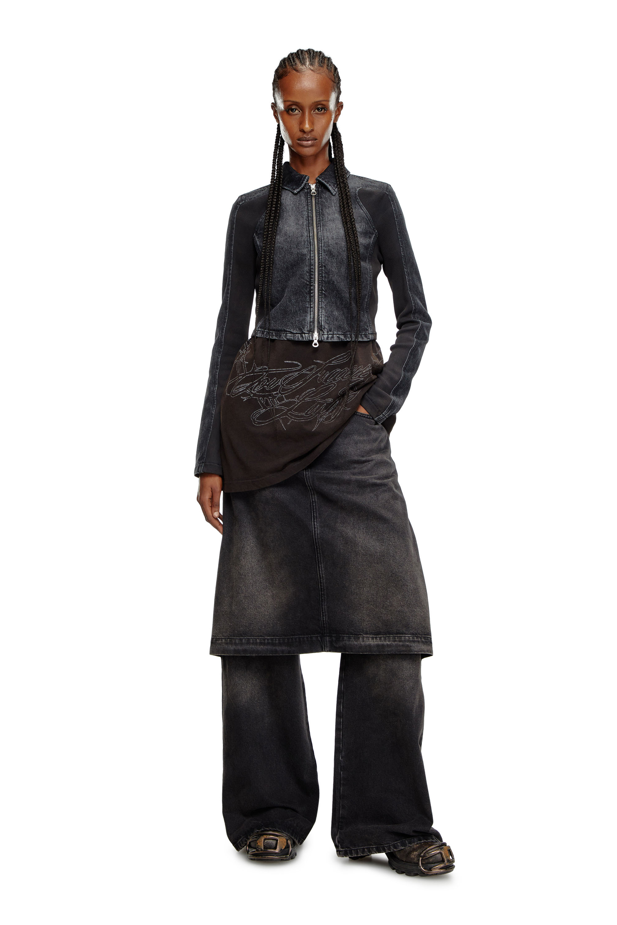 Diesel - DE-SYLEN-S, Female's Short denim jacket with ribbed inserts in ブラック - 2