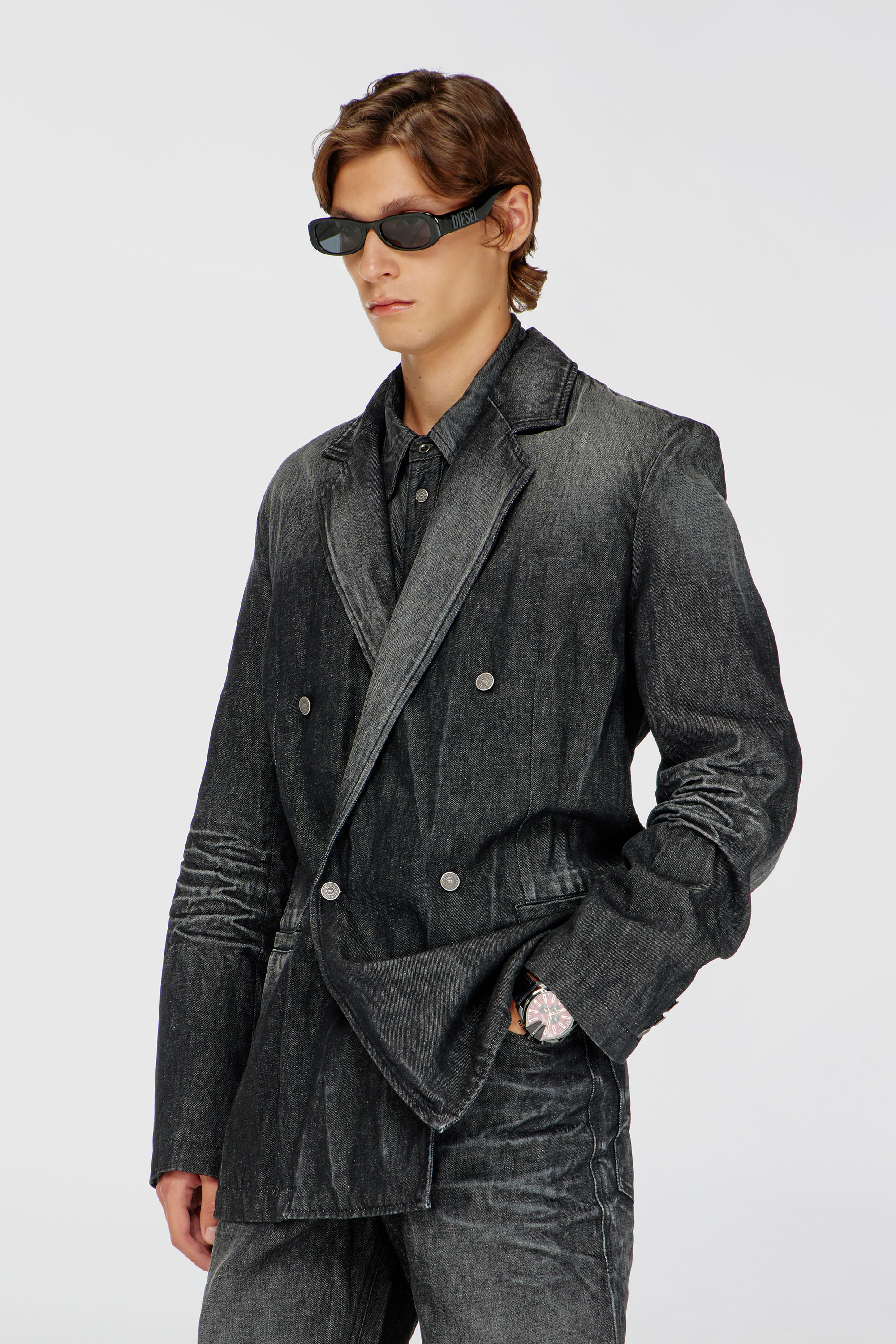Diesel - D-KOT-FSJ, Male's Double-breasted blazer in creased denim in ブラック/ダークグレー - 3