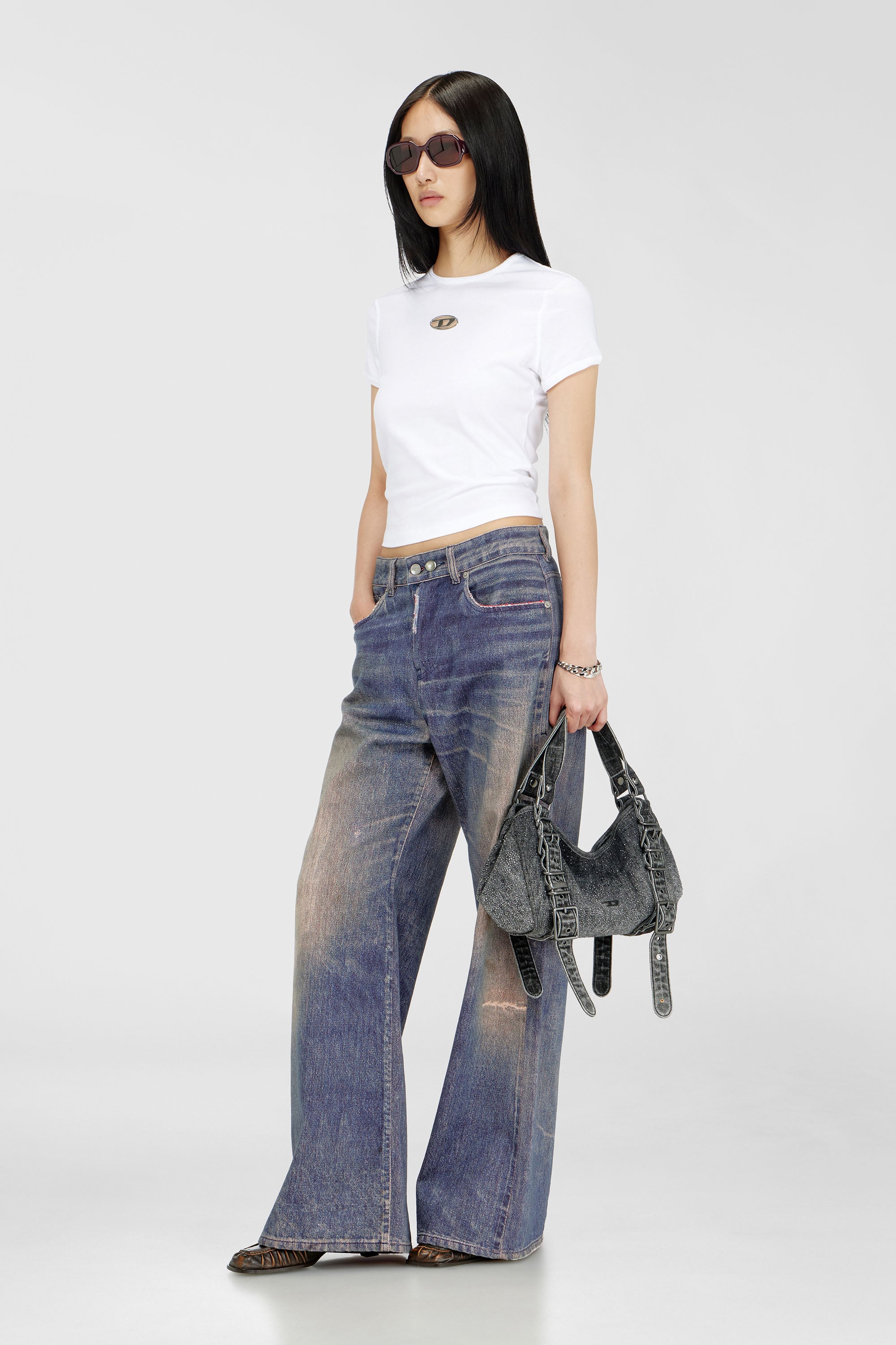 Diesel - D-ONE TOPHANDLE S, Female's D-One-Small top-handle bag in crystal solarised denim in ブラック - 3