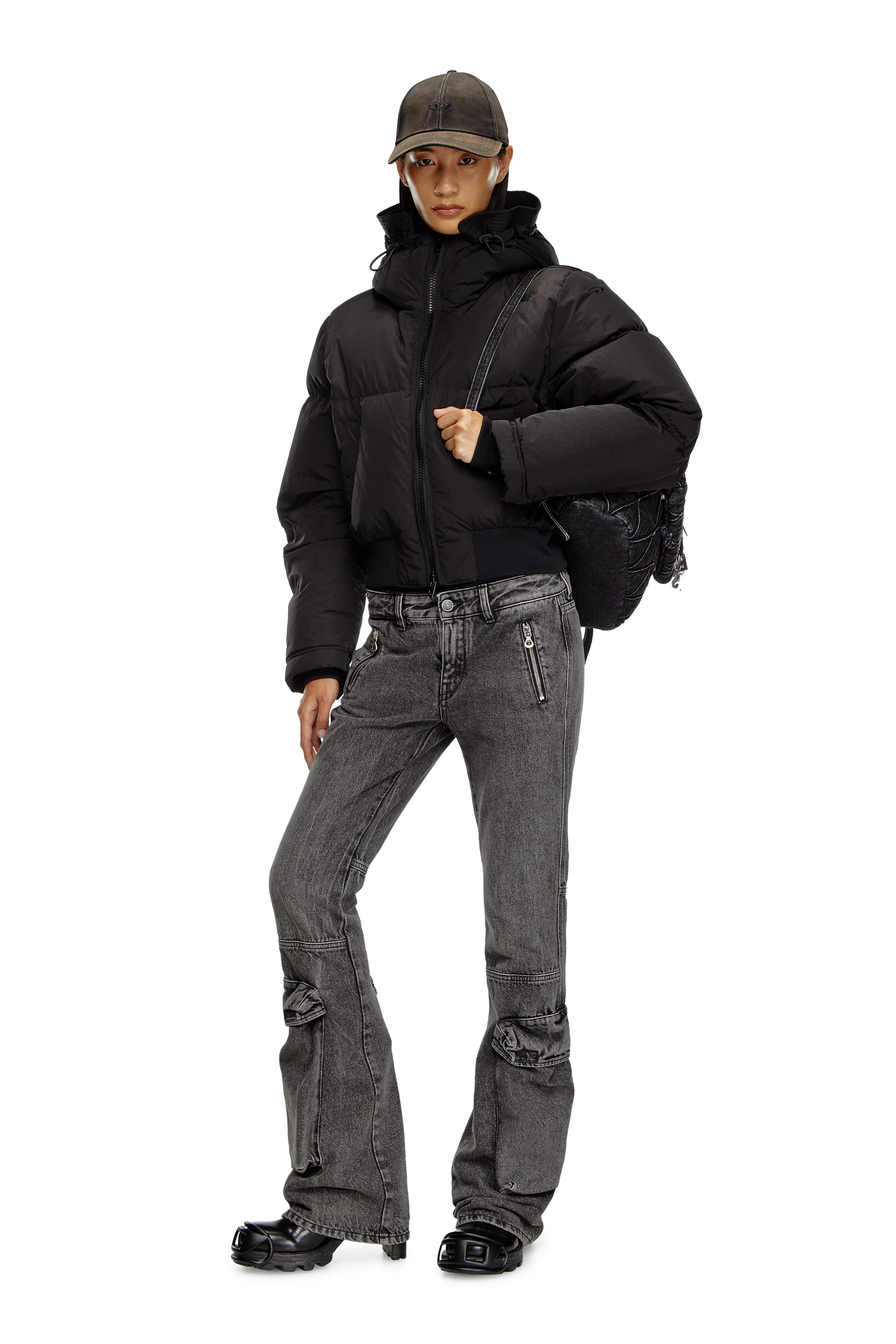 Diesel - W-PEYT-SHORT-NEW-P1, Female's Hooded down jacket in crinkled nylon in ブラック - 1